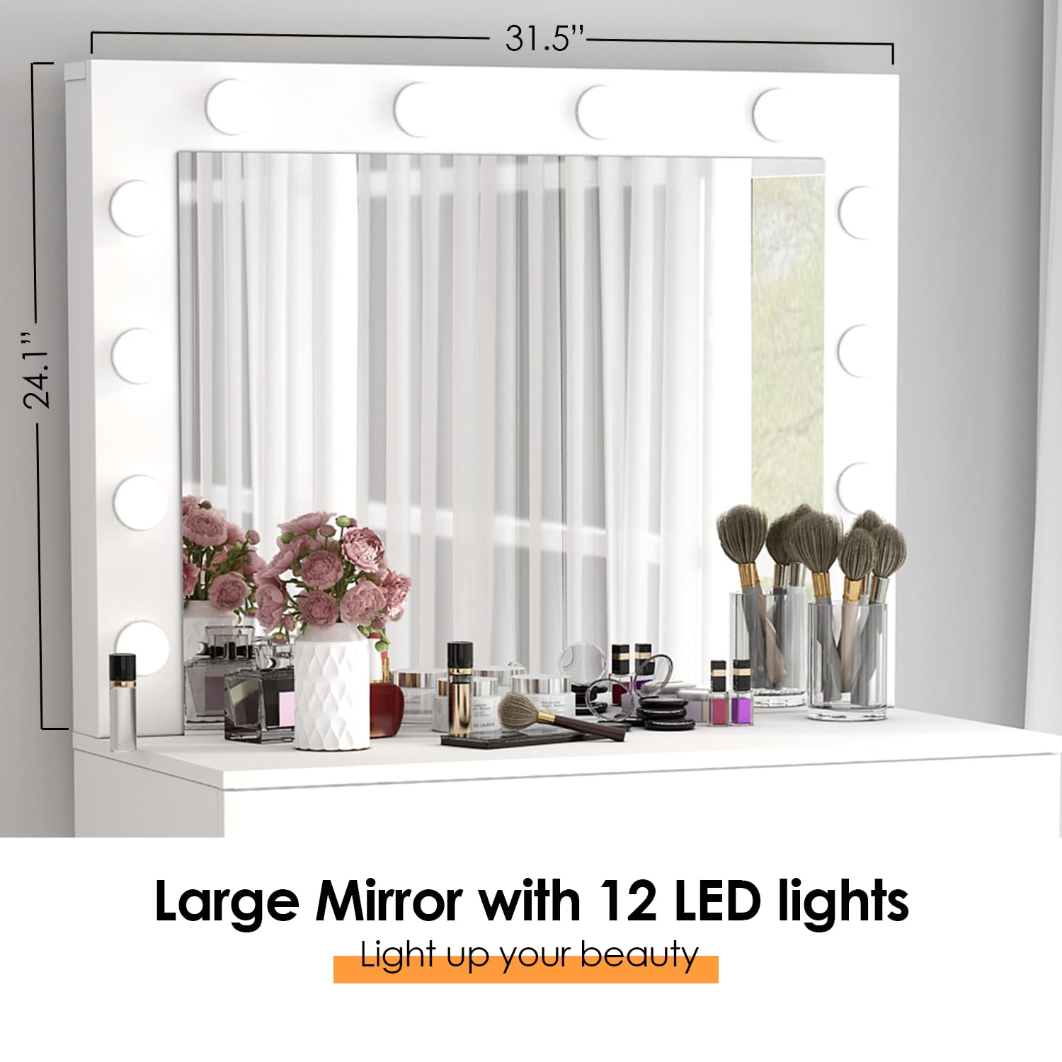 Vabches Makeup Vanity with LED Lights - Adjustable Brightness Dressing Table with Large Drawer, Sturdy White Vanity Desk for Bedroom, Studio, or Home Salon - Perfect for Makeup Application, Skincare Routine, and Self-Care Space