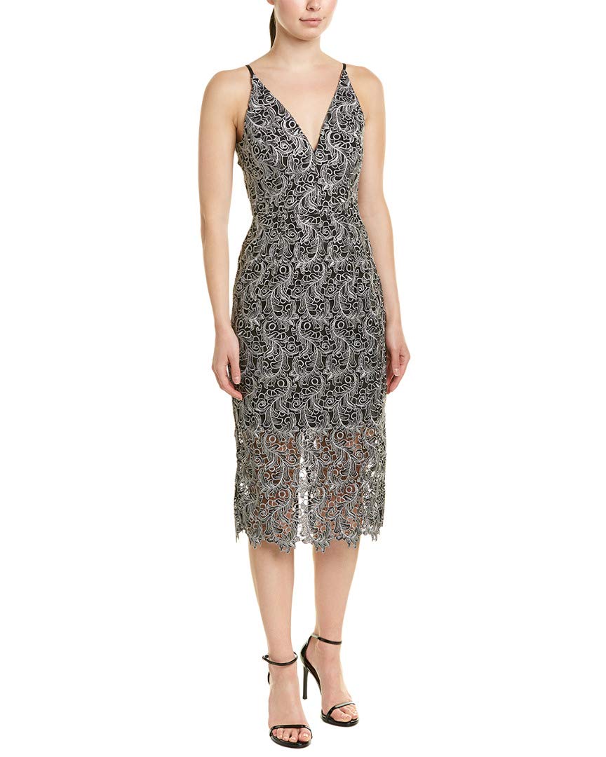 Dress the Population Women's Aurora Plunging Spaghetti Strap Midi Dress - Elegant Evening & Cocktail Party Wear