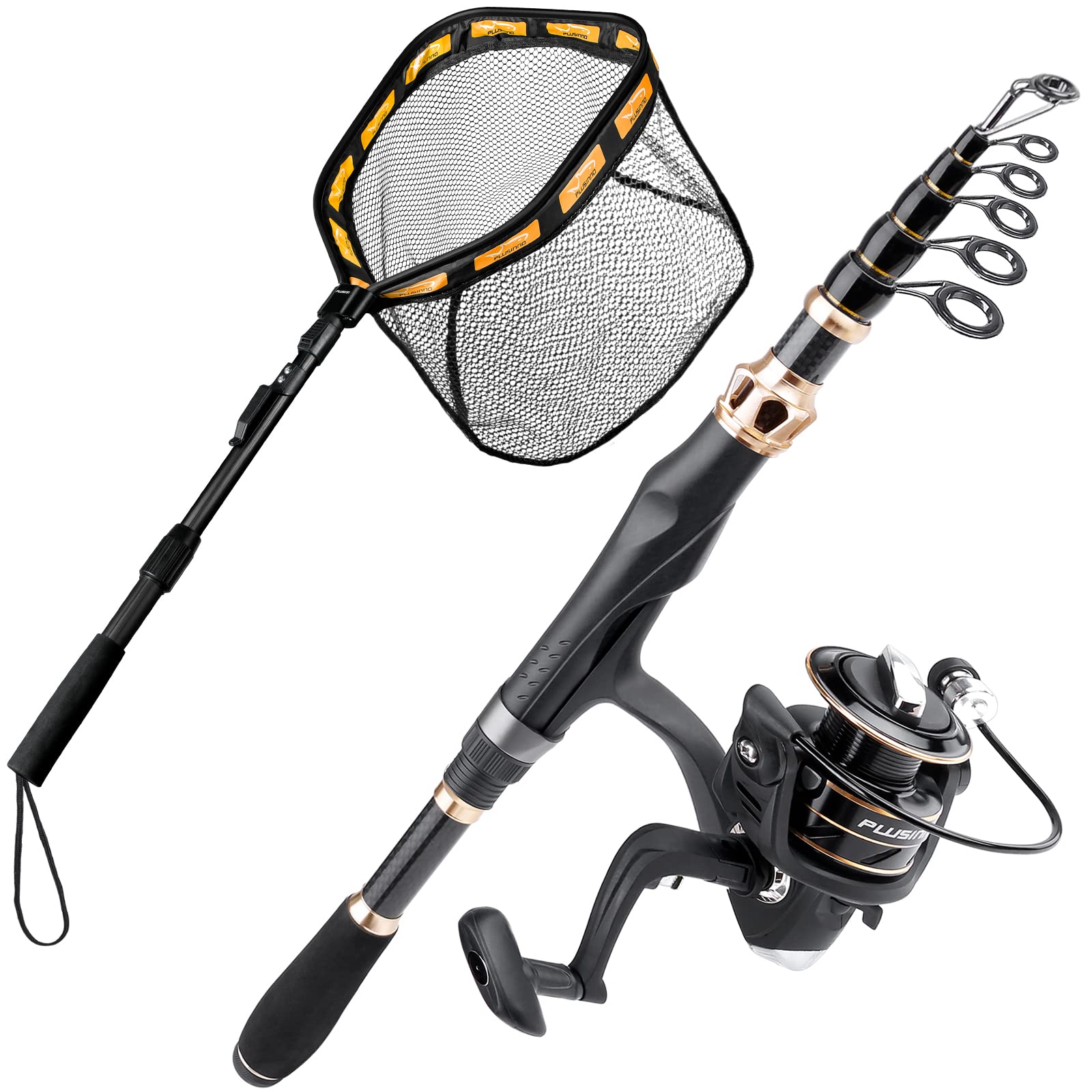 **PLUSINNO Floating Fishing Net & Carbon Fiber Telescopic Fishing Rod Combo for Steelhead, Salmon, Bass, Catfish - Perfect for Fly Fishing & Kayak Adventures**