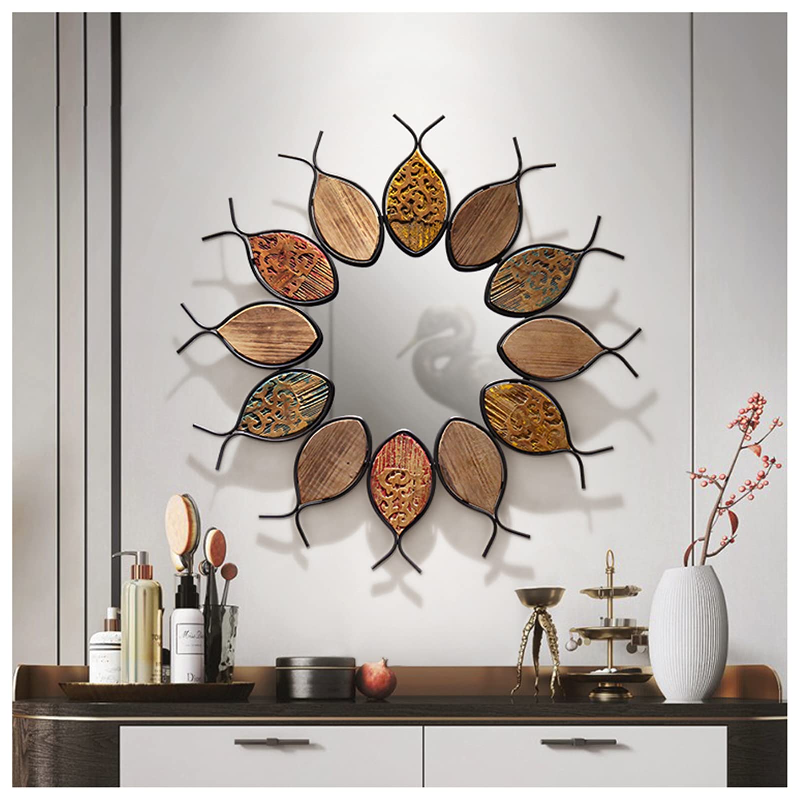 RLI-DM Large Wooden Fish Decorative Wall Mirror - 75cm Creative Home Decor for Living Room, Bathroom, Hotel & Porch | Unique Wall Hanging Ornament & Handmade Craft for Coastal & Nautical Theme Decorations