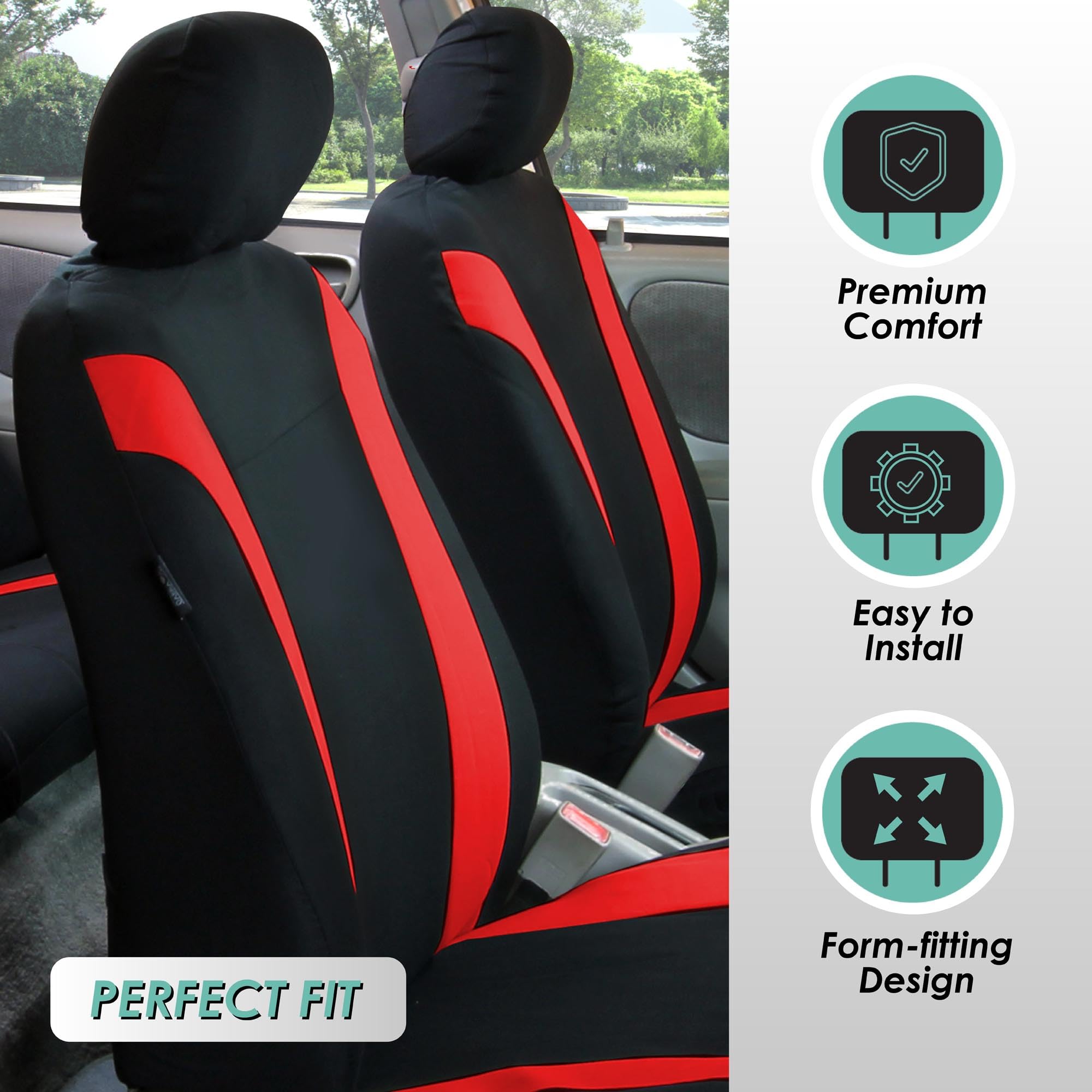Premium FH Group Cosmopolitan Flat Cloth Car Seat Covers Full Set - Universal Fit for Cars, Vans & Trucks (Red Combo) | Includes Steering Wheel Cover & Seat Belt Pads | Airbag Compatible & Split Rear Design | Perfect for Daily Commute, Road Trips & Family Travel
