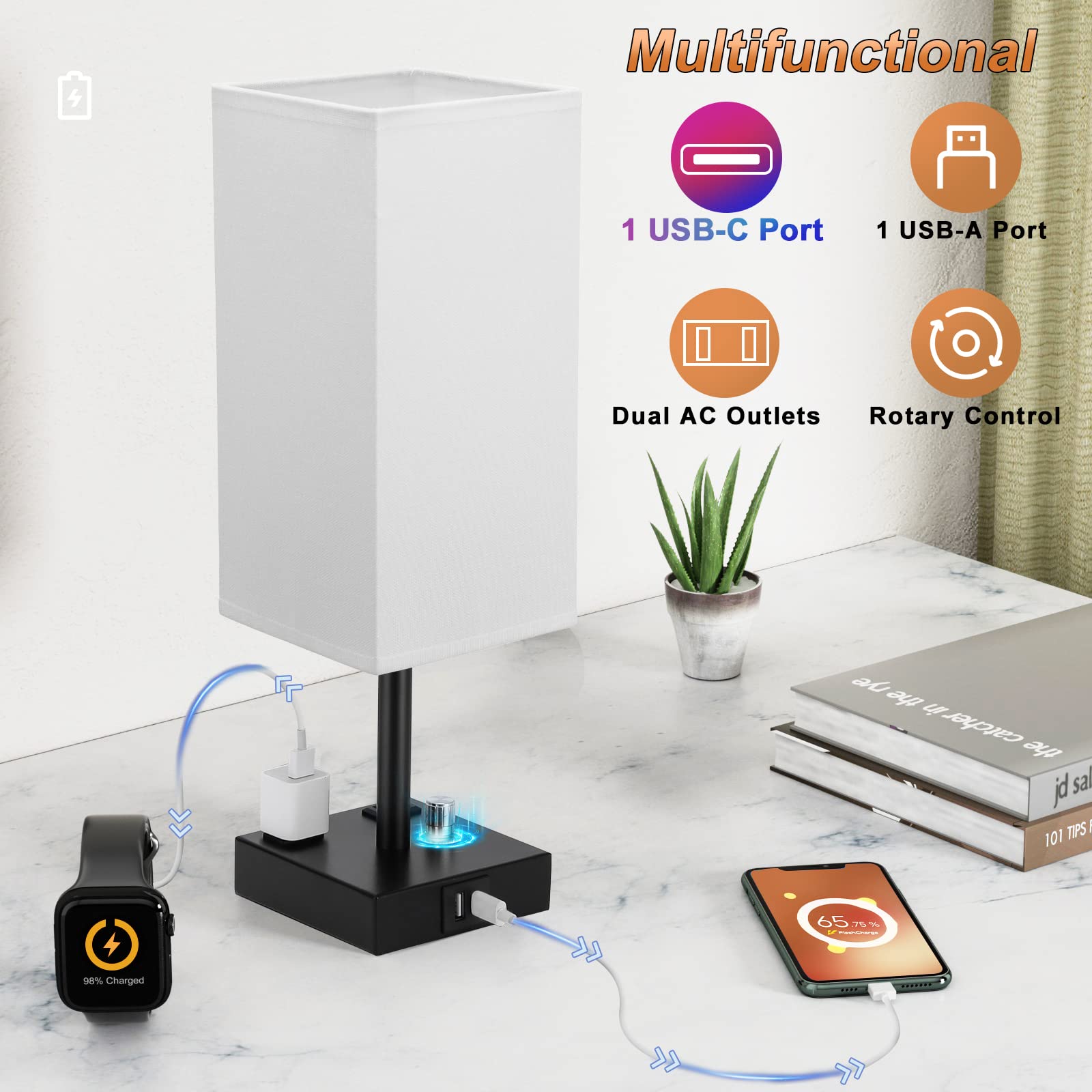 White Fully Dimmable Nightstand Lamps Set of 2 - USB C/A Charging & AC Outlet Table Lamps with Linen Shade for Bedroom, Living Room, Office (Bulb Included) | Modern Lighting for Reading, Working & Nighttime Use