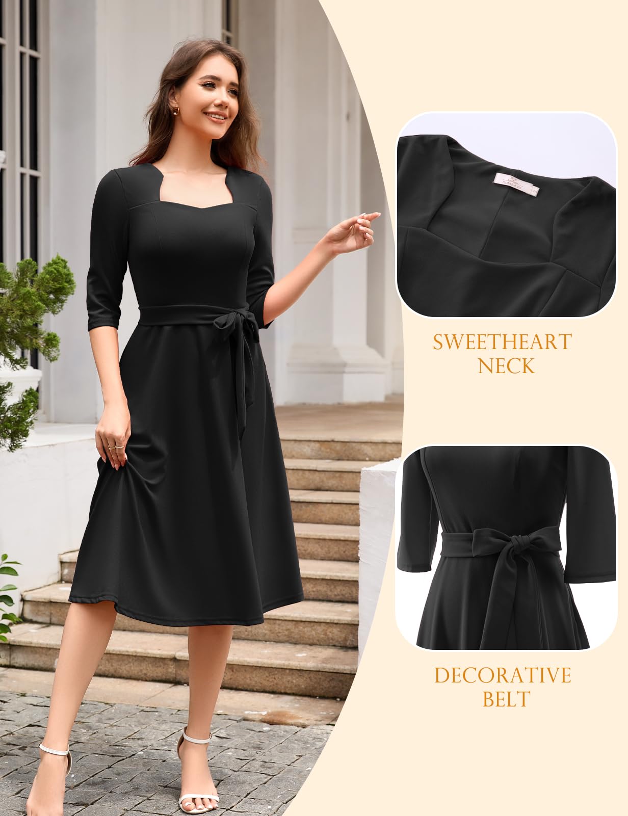 Elegant Women's Formal Cocktail Dress with Flared A-Line Skirt & 3/4 Sleeves - Perfect for Weddings, Prom, Church & Tea Party Events
