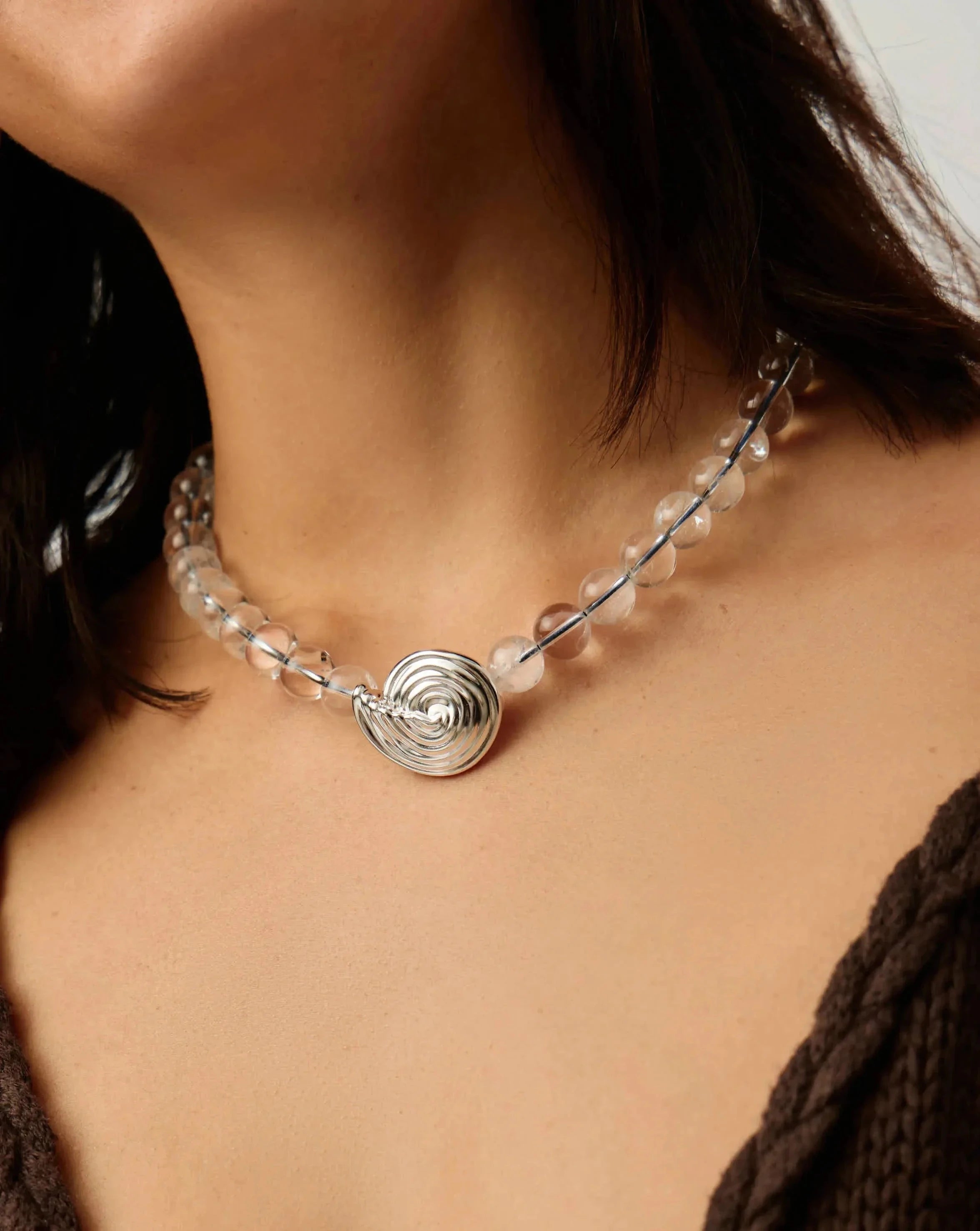 Spiral Gemstone Beaded Pendant Necklace - Silver Plated with Clear Crystal Quartz | Elegant Boho Jewelry for Women, Perfect for Parties, Weddings & Everyday Wear
