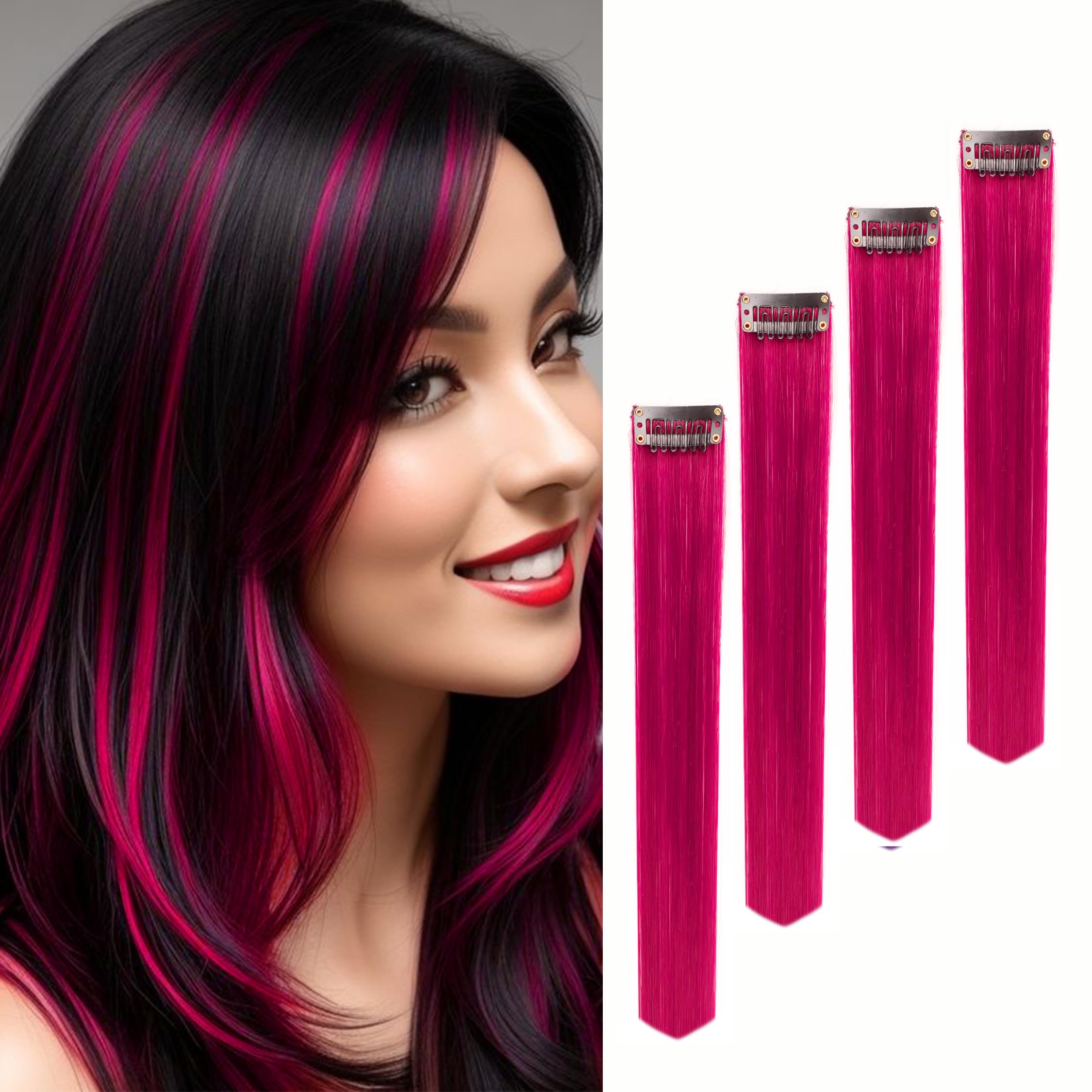 Paradise® Magenta Clip-in Hair Extensions 22 Inches - 4 Pack Straight Synthetic Hair Wefts for Women & Girls | Vibrant Colored Hair Streaks for Cosplay, Parties & Fashion Styling