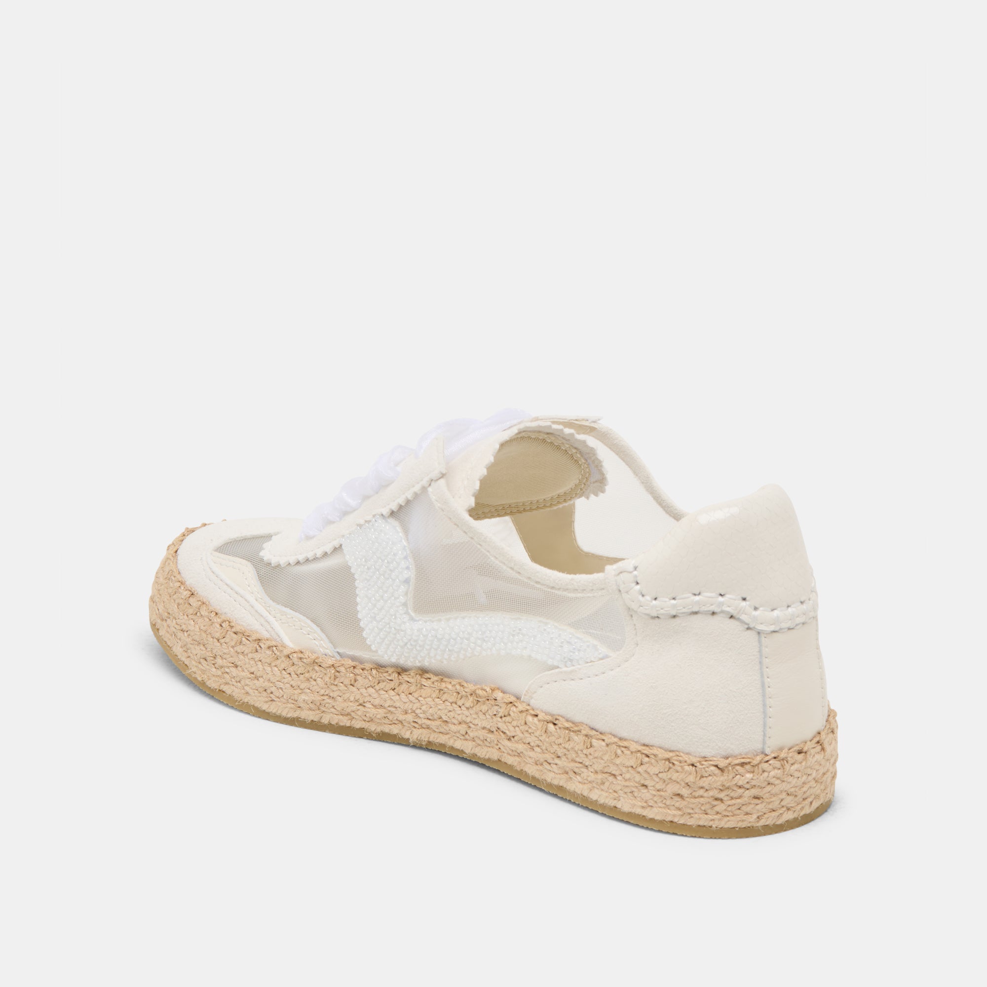 Women's White Mesh Beaded Espadrille Sneakers - Comfortable Summer Casual Shoes for Beach, Walking, and Outdoor Activities