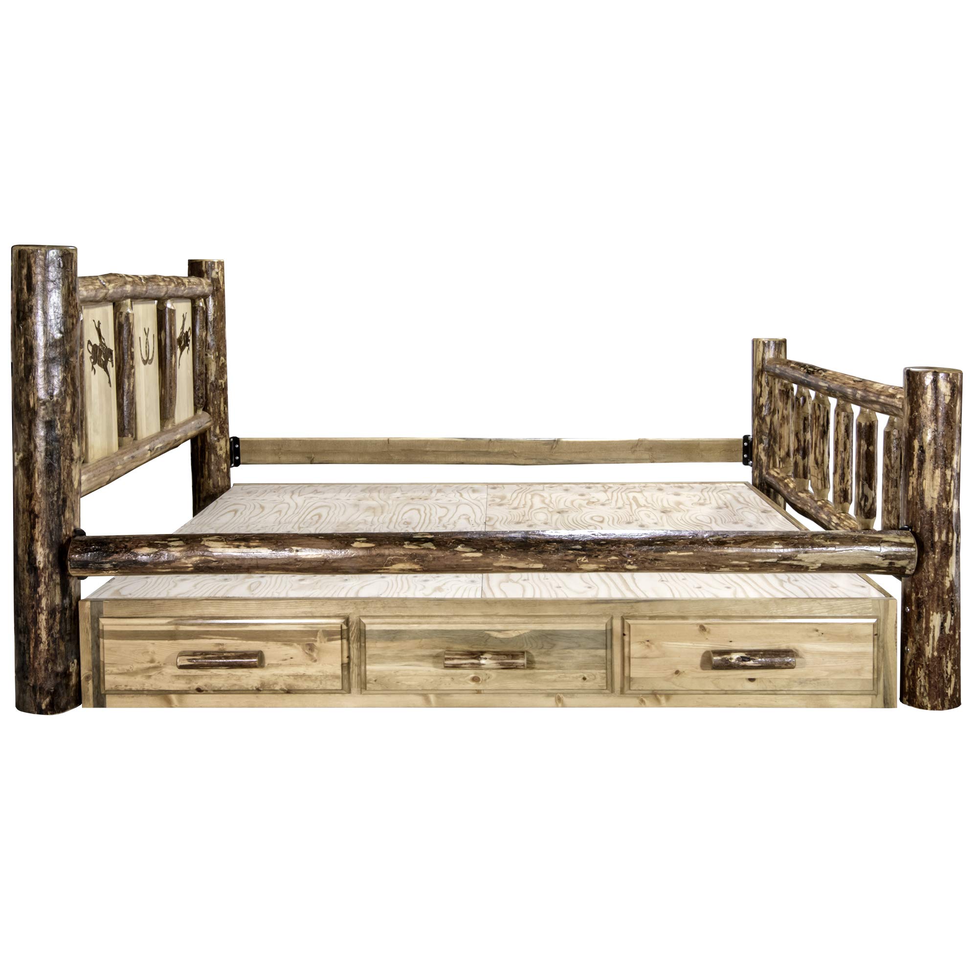 Montana Woodworks Twin Storage Bed with Laser Engraved Bronc Design - Rustic Wooden Platform Bed Frame with Underbed Drawers - Perfect for Kids Rooms, Guest Bedrooms & Small Space Storage Solutions