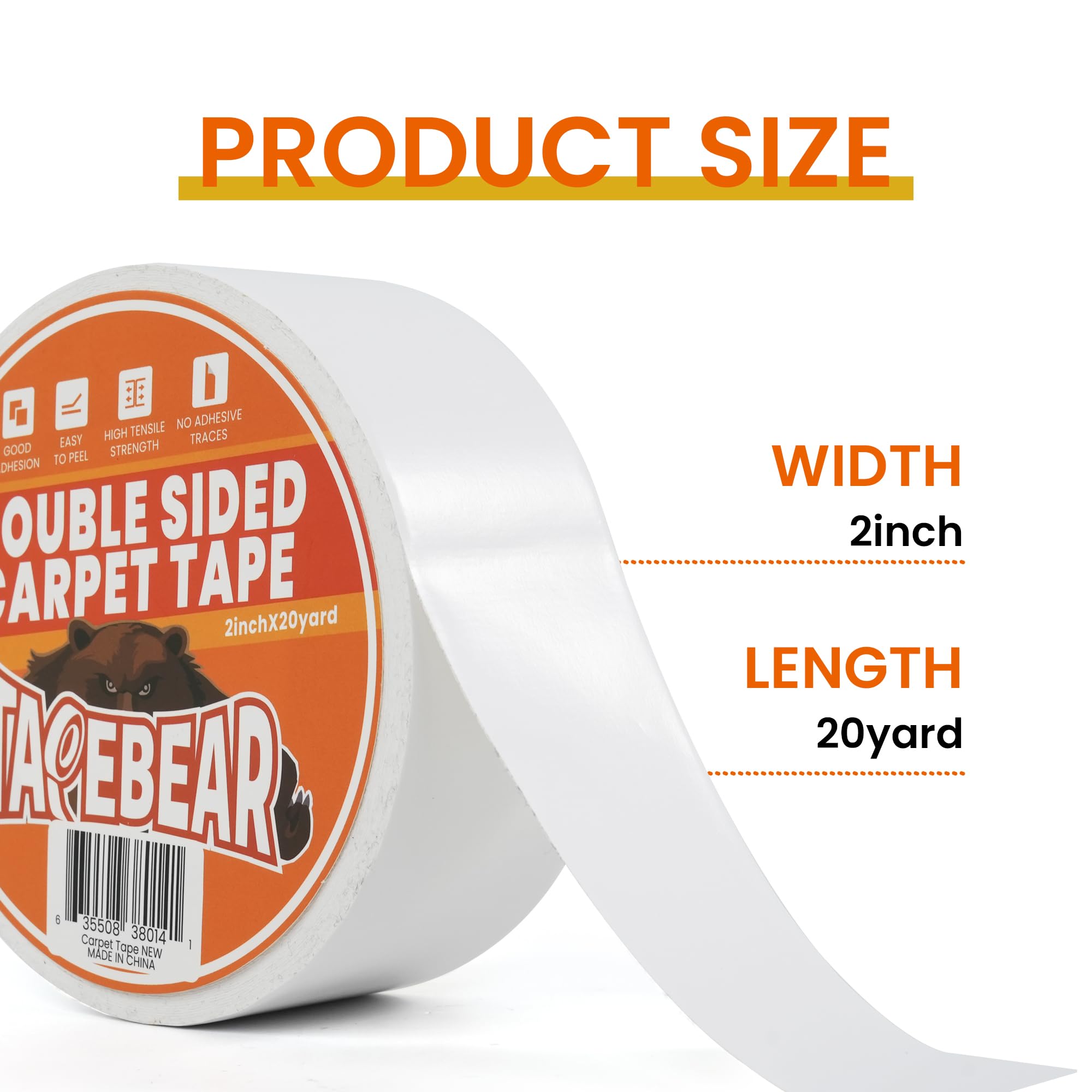 TAPEBEAR Heavy-Duty Double Sided Carpet Tape - 2-Inch x 20 Yards (50mm x 18m) Non-Slip Adhesive for Rugs, Wood & Floors | Residue-Free, Multipurpose Gripping Tape (2 Rolls) | Perfect for Securing Rugs on Hardwood, Tile & Preventing Slips