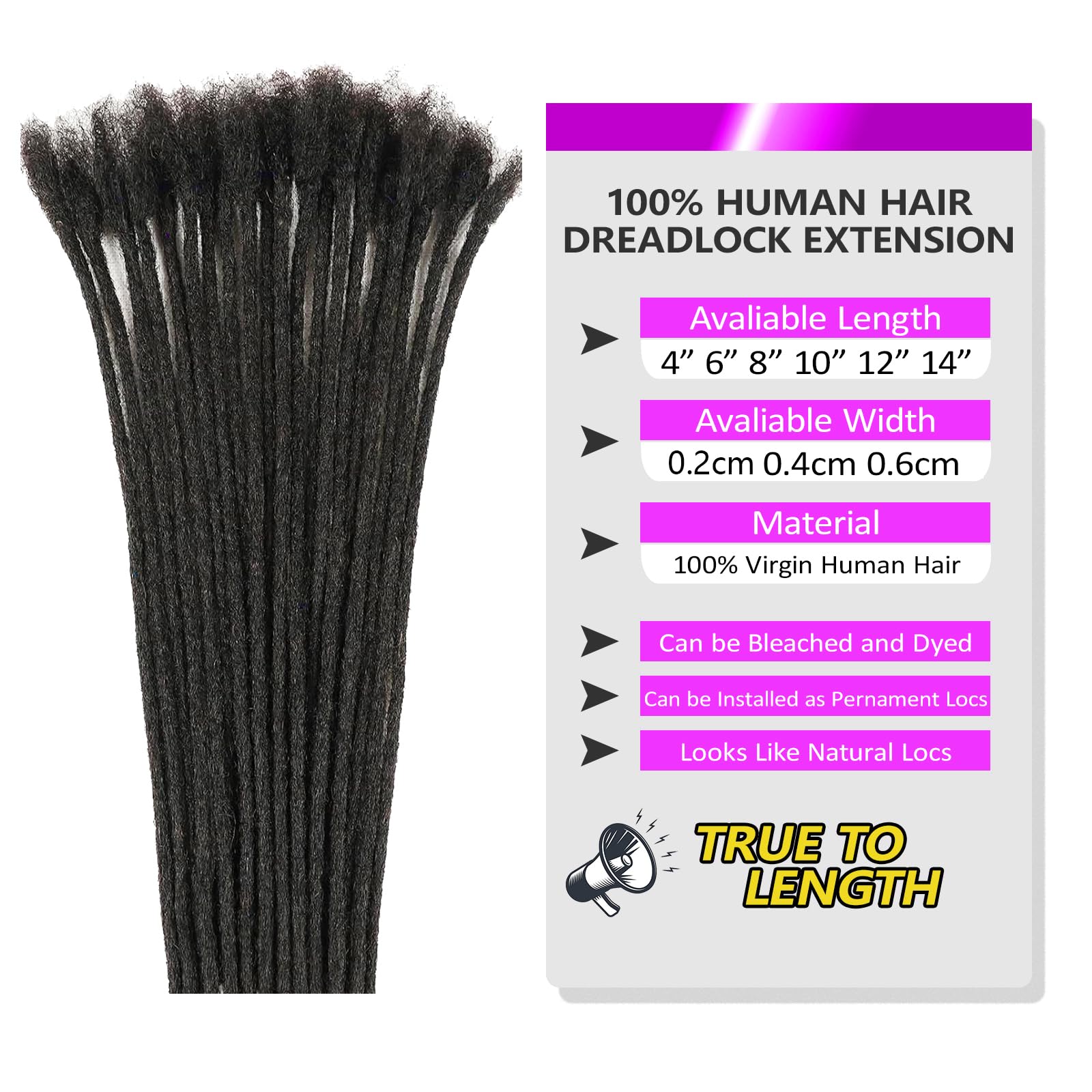 12 Inch 60 Strands 0.2cm Width 100% Human Hair Loc Extensions - Natural Black Handmade Dreadlocks for Women Men & Kids | Permanent Real Human Hair | Dye Bleach Curl & Twist Safe | Perfect for Daily Wear, Parties & Protective Styles
