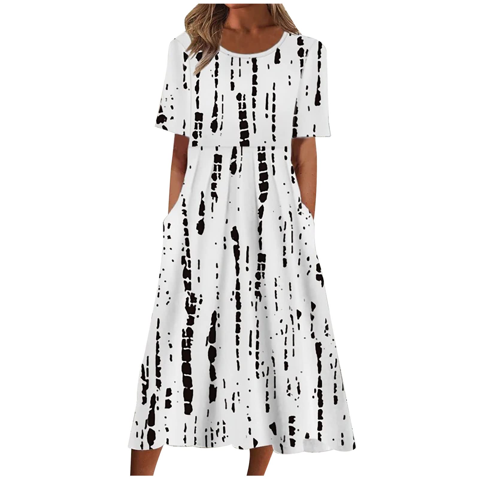 Ceimmol Women's Floral Print Short Sleeve Pleated Swing Dress - Casual Summer T-Shirt Midi Dress with Pockets for Beach, Vacation & Outdoor Activities
