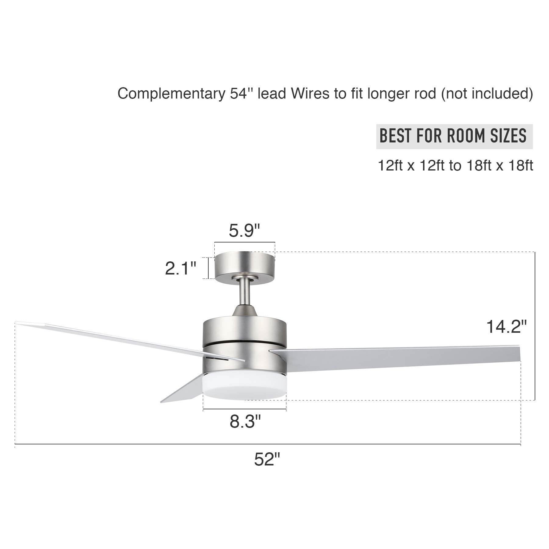 VONLUCE 52-inch Modern Ceiling Fan with LED Light and Remote Control - 3-Blade Low Profile Design, Brushed Nickel Steel Body, 15W LED Panel & Glass Shade, 120V - Perfect for Bedroom, Living Room, and Office Spaces