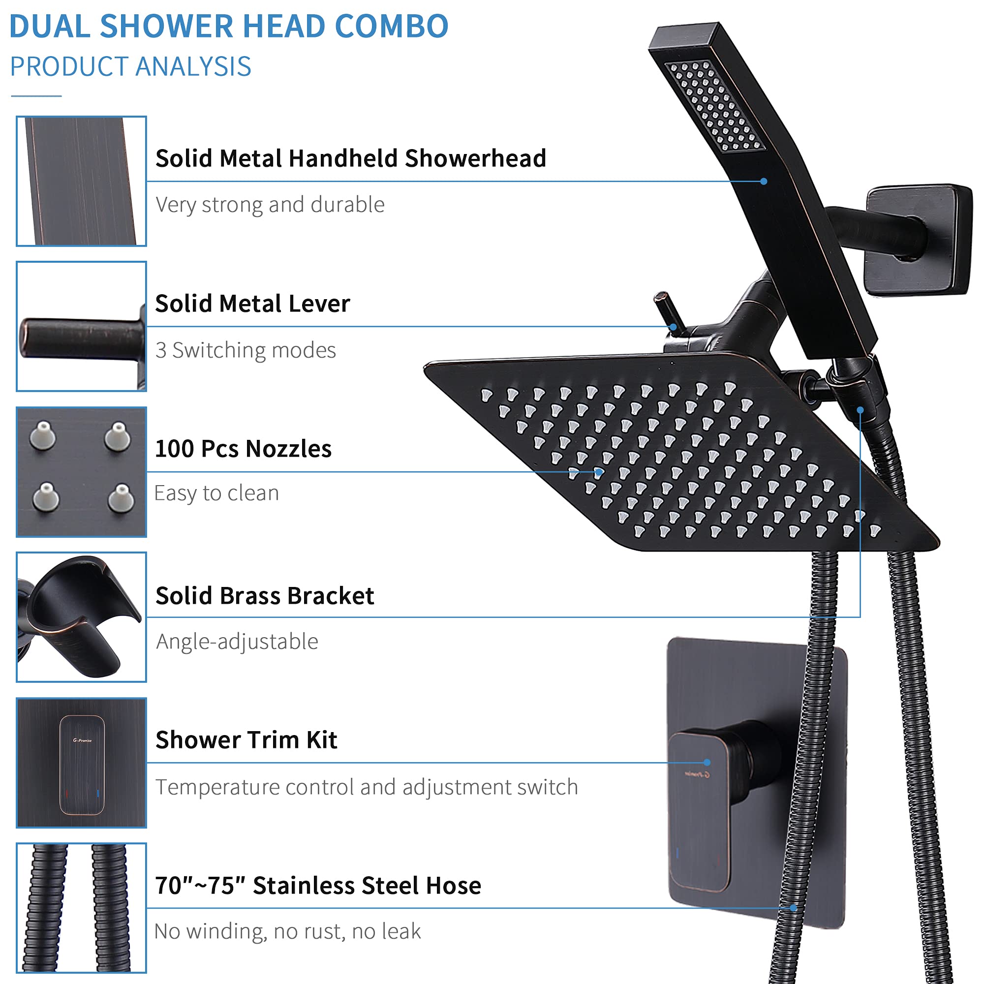 Premium All-Metal Shower Faucet Set - Dual Square Shower Head System with Handheld Spray & Rainfall Showerhead | Complete Combo with Diverter, Hose & Pressure Balance Valve | Perfect for Luxury Bathroom Renovation & Spa-Like Shower Experience