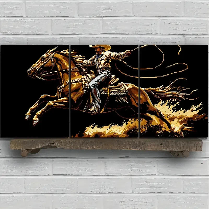 3-Piece Black & Gold Metal Horse Riding Art for Men - Ready to Hang Wall Decor - Perfect for Home, Office, or Ranch Themed Spaces
