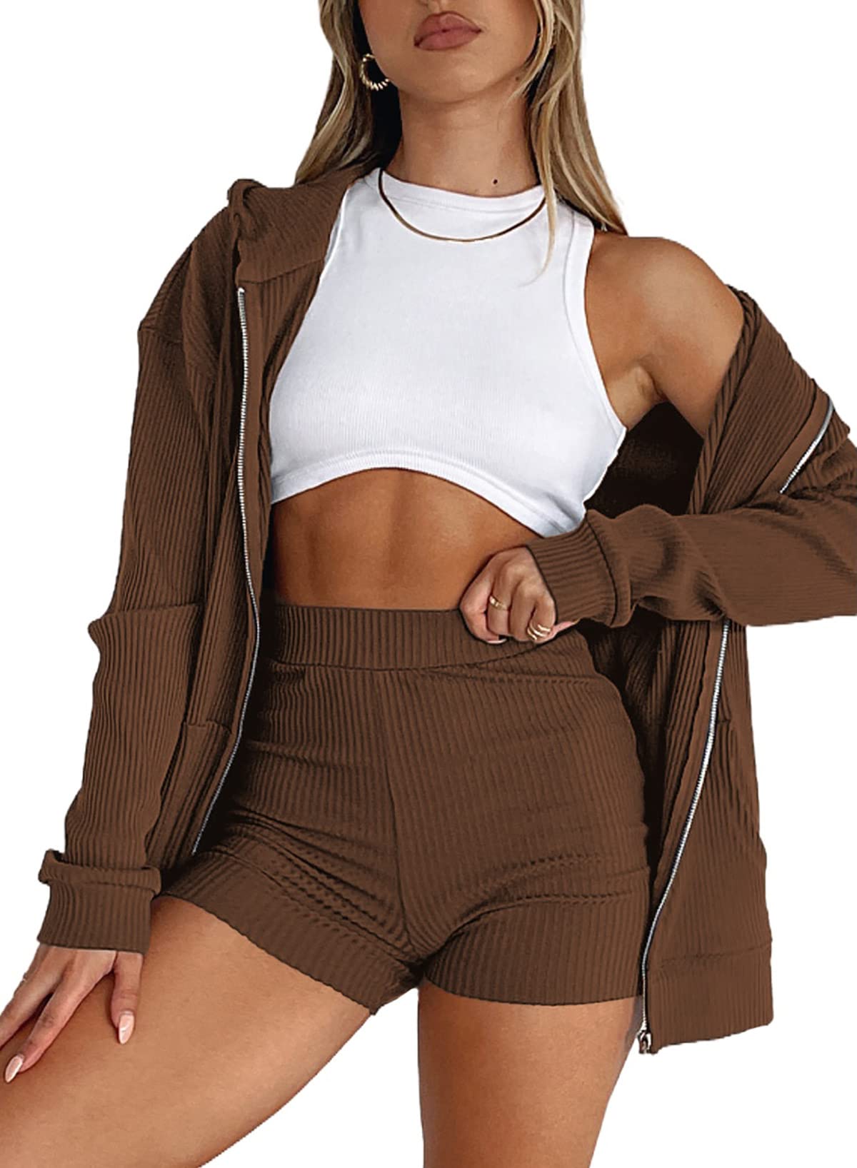 Aleumdr Women's 2 Piece Waffle Knit Lounge Set - Long Sleeve Zip Up Hoodie & Shorts Pajama Set with Pockets | Cozy Home Outfit, Sleepwear & Casual Loungewear for Women
