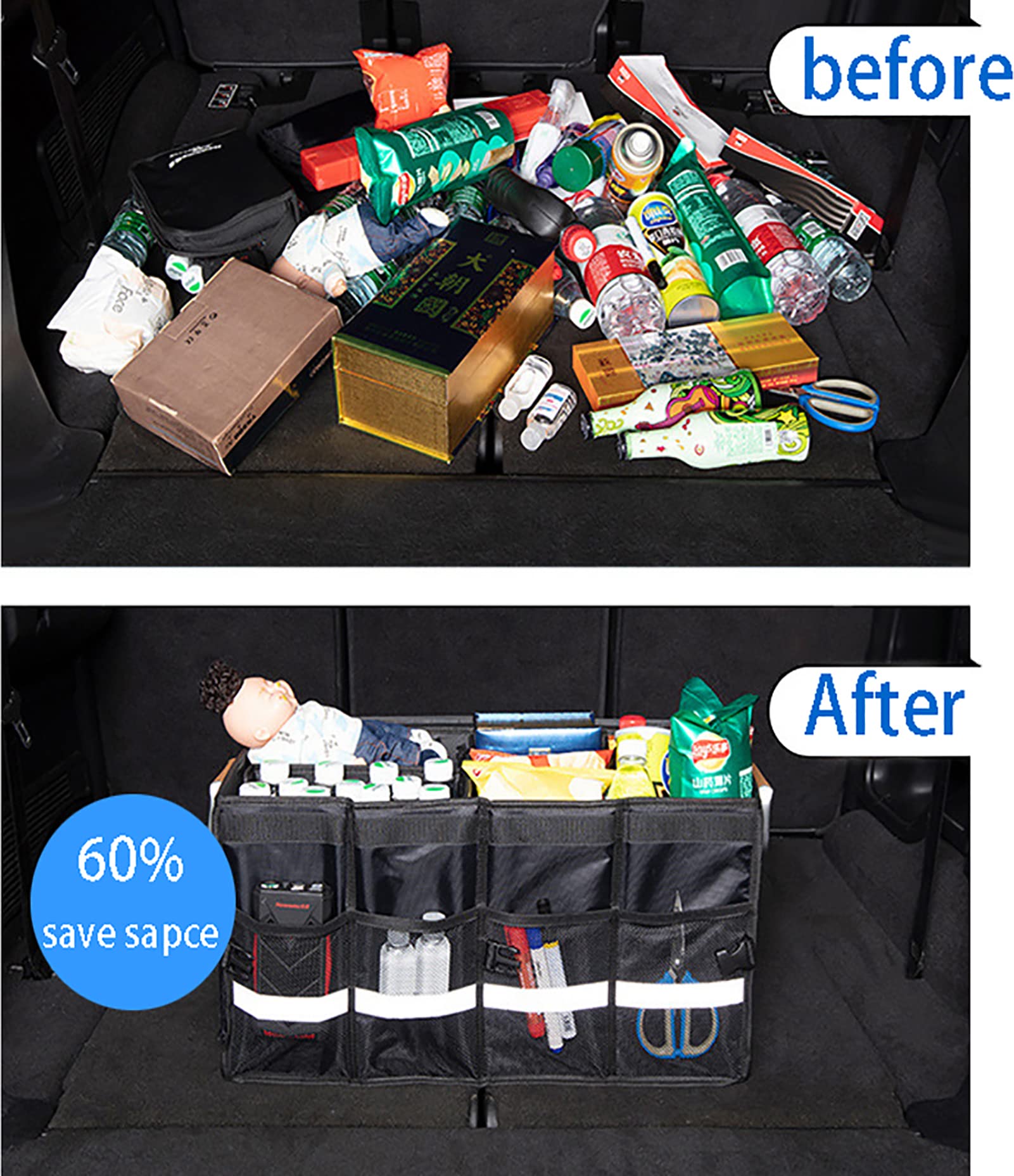 Collapsible SUV Trunk Organizer with Aluminum Alloy Handle & Reflective Strip - Multi-Compartment Car Storage Solution for Travel, Groceries, and Road Trips