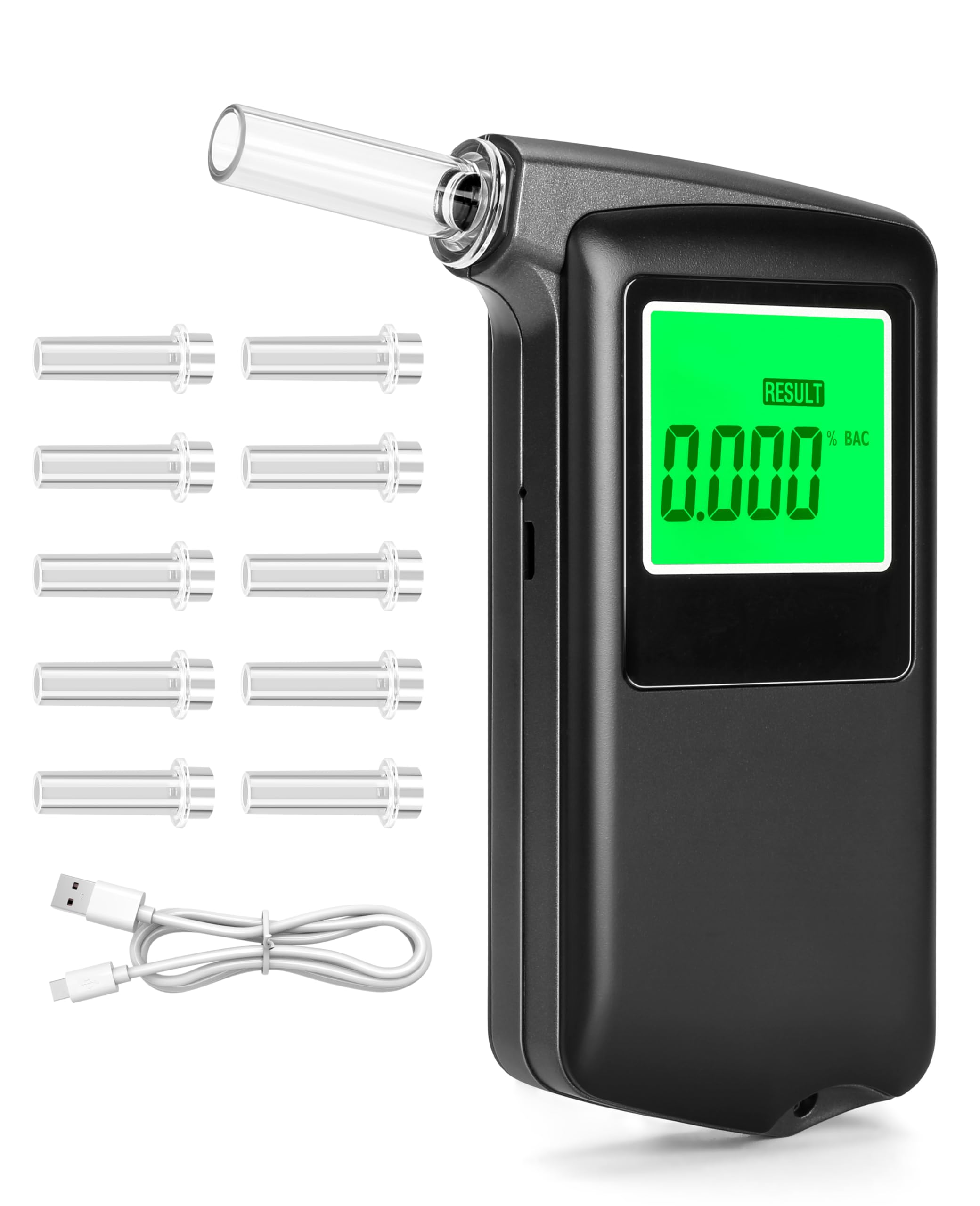 Professional-Grade High Accuracy Portable USB Rechargeable Alcohol Tester with LCD Digital Display - 10 Mouthpieces Included | Home & Personal Use, Workplace Safety, DUI Prevention, Party Safety Check