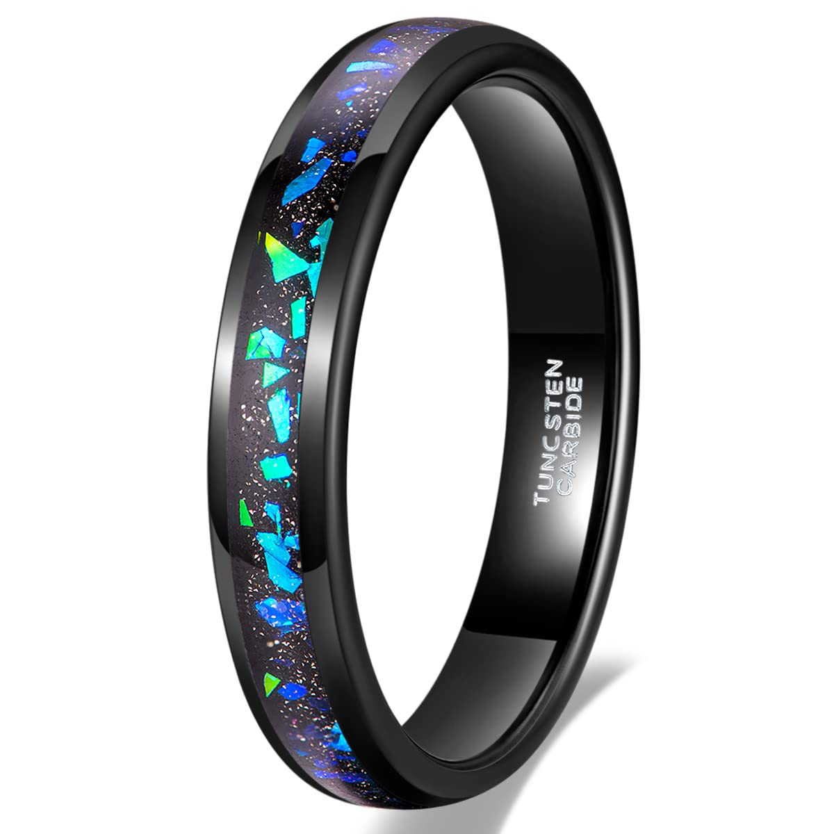 TRUMIUM 4mm & 6mm Tungsten Carbide Wedding Rings for Men and Women - Galaxy Opal & Sandblast Inlay Multi-Colored Wedding Band with Beveled Edges, Comfort Fit Size 5-13 - Perfect for Anniversaries, Engagements & Everyday Wear