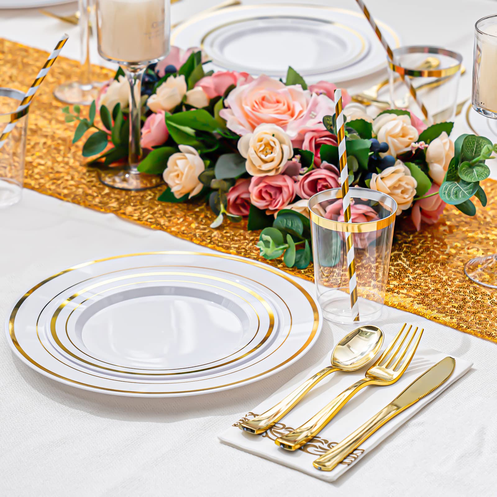 200-Piece Gold Dinnerware Set for 25 Guests - Heavy Duty Gold Rimmed White Plastic Disposable Plates, Cups, Silverware, Napkins & Straws - Elegant Wedding, Party & Event Tableware for Celebrations
