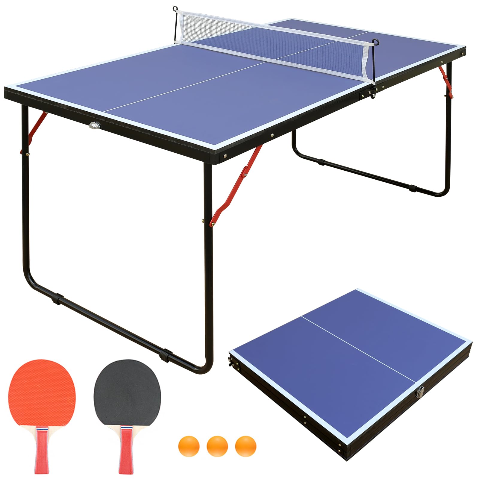 Premium Foldable Ping Pong Table - Mid-Size Table Tennis Set with 2 Paddles, 3 Balls, Net & Wheels | Indoor/Outdoor Use for Home, Office, Gym & Backyard Games | Easy Assembly for 2-4 Players