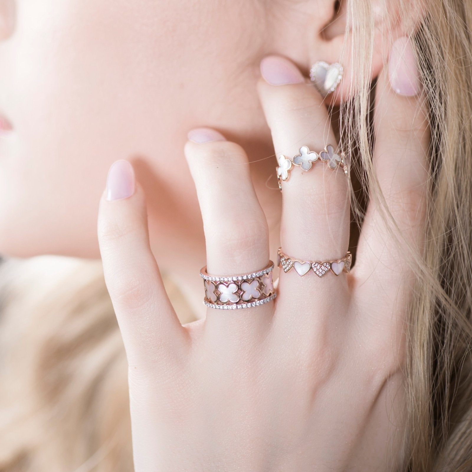 14k Rose Gold Diamond and Mother of Pearl Heart Eternity Band Ring - Romantic Wedding, Anniversary, or Valentine's Day Gift for Her