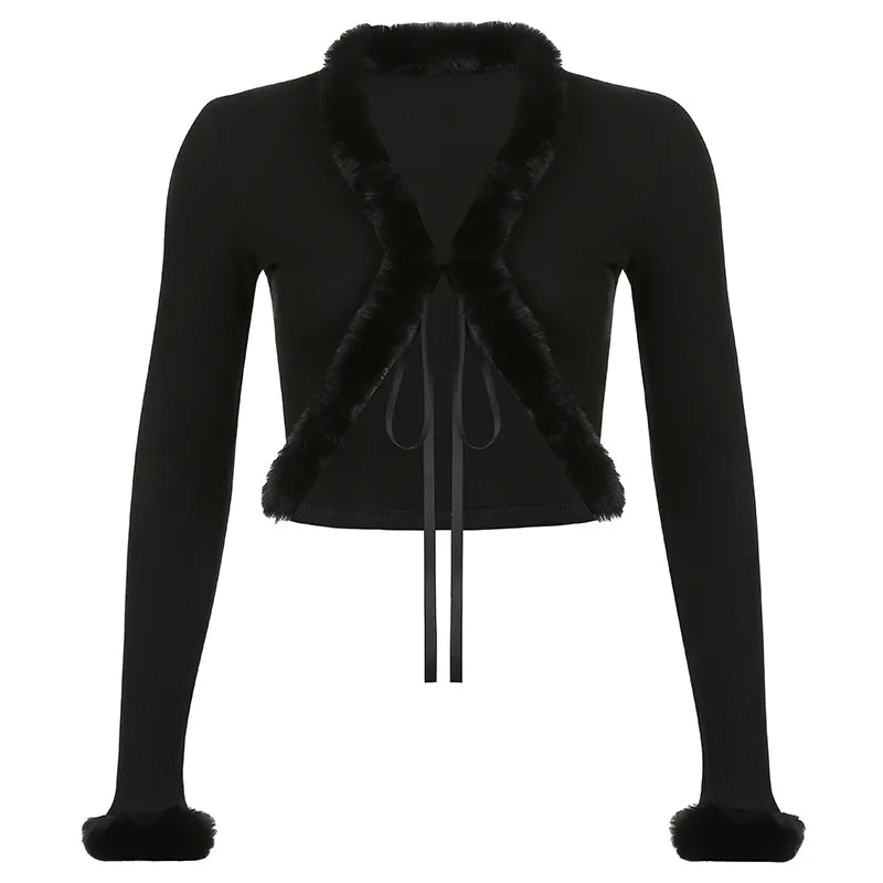 Women's Sexy Cropped Knit Cardigan with Faux Fur Trim - Long Sleeve Tie Front Top for Fall Winter Fashion | Perfect for Date Nights, Parties & Casual Outfits