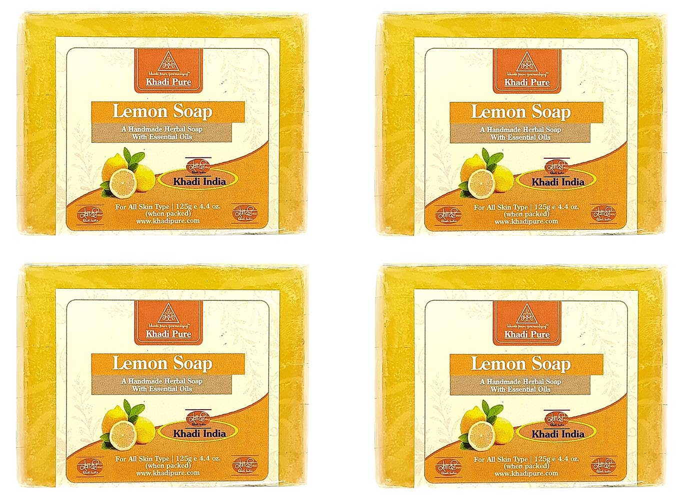 Khadi Pure Herbal Lemon Soap - 125g (Pack of 4) | Natural Ayurvedic Cleansing Bar for Glowing Skin | Perfect for Daily Face & Body Wash, Acne Control & Sensitive Skin Care