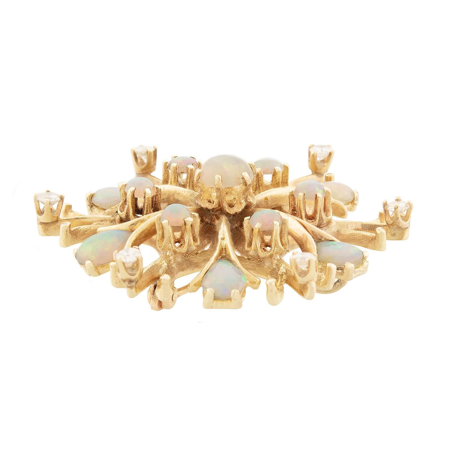 14K Gold Retro Opal and Diamond Snowflake Brooch Pin & Pendant - Vintage Jewelry Gift for Women, Perfect for Christmas, Weddings & Special Occasions