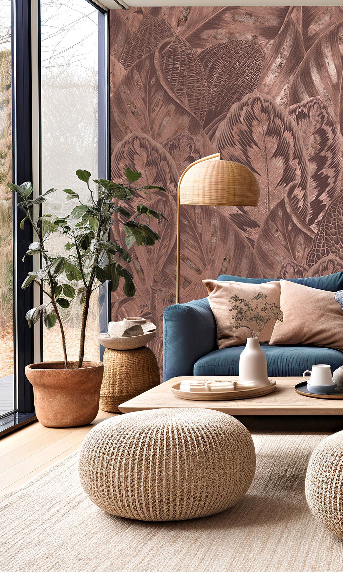 Copper Vibrant Leafy Collage Mural Wallpaper M2557 - Nature-Inspired Peel & Stick Wall Decor for Living Room, Bedroom, or Office