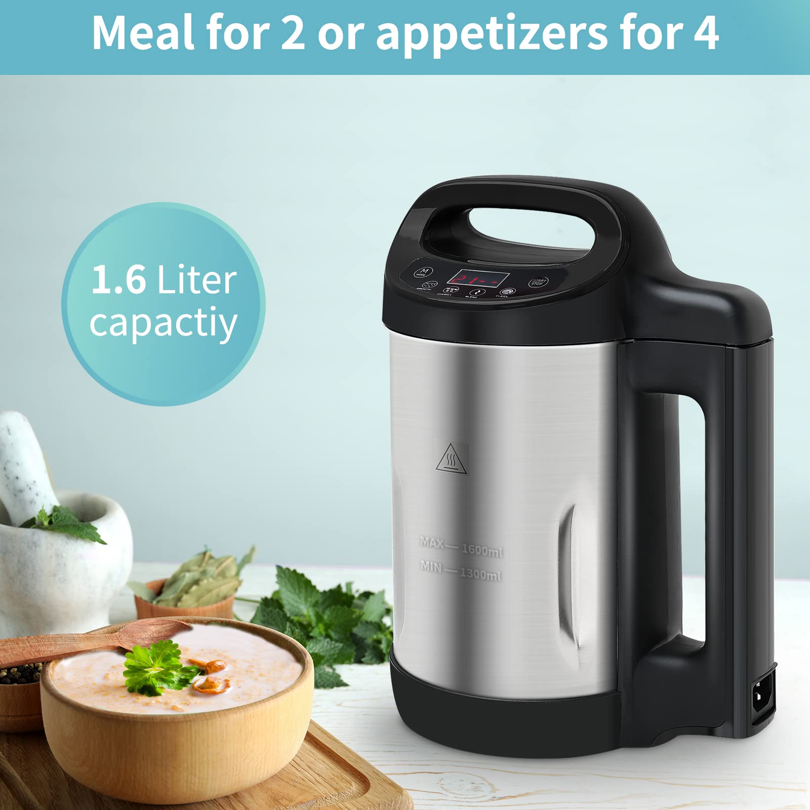 1.6L Electric Soup Maker - 4-in-1 Multifunctional Blender for Chunky & Smooth Soups | Smart Control Panel | Stainless Steel Hot Soup Machine (2-5 Servings, Black) | Perfect for Quick Meals, Healthy Cooking & Family Dinners