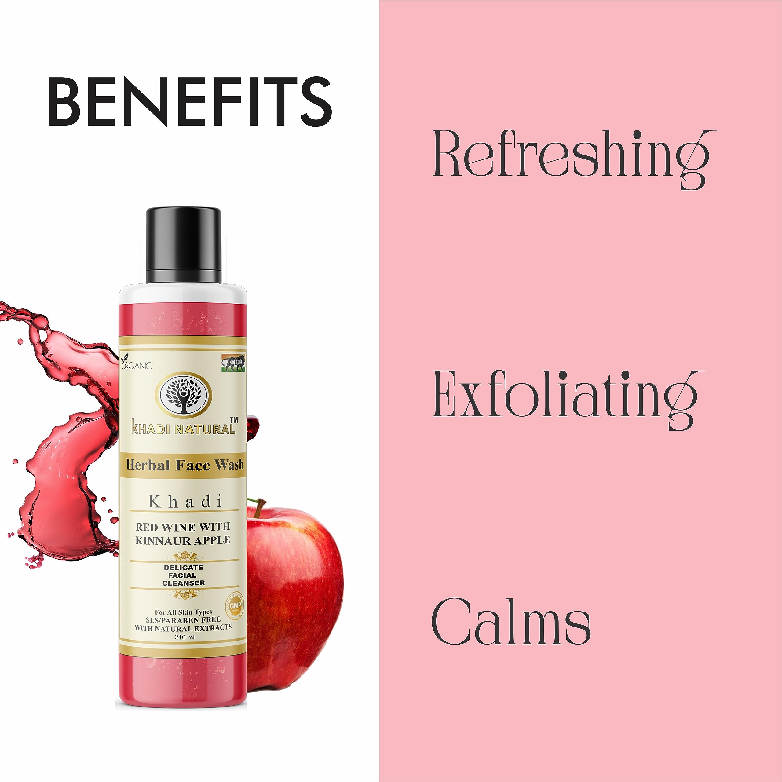 KHADI NATURAL 100% Pure Ayurvedic Herbal Red Wine with Kinnaur Apple Face Wash - 210ml | SLS & Paraben Free | Gentle Cleansing for Glowing Skin | Perfect for Daily Skincare Routine & Sensitive Skin Types