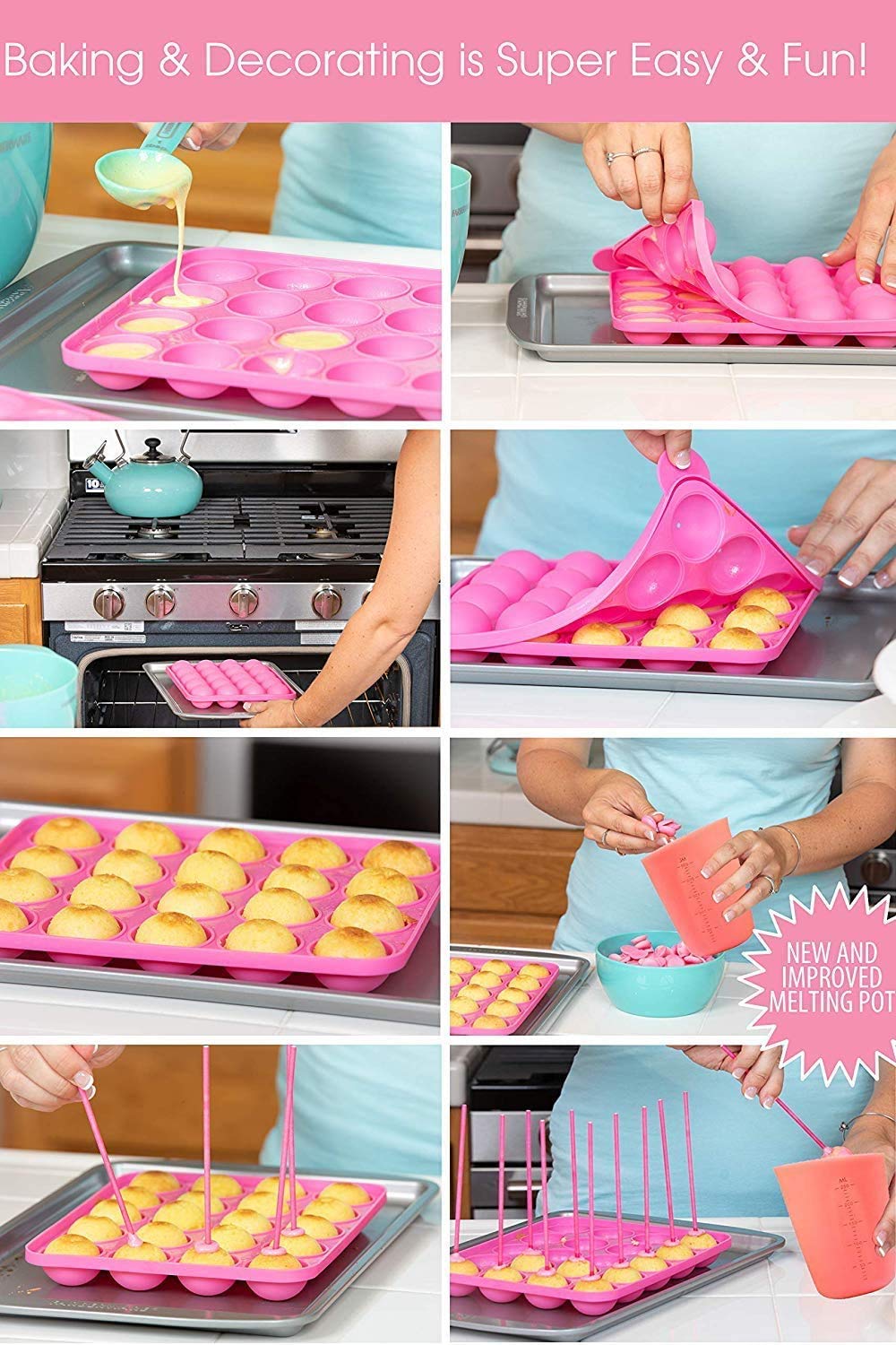 APRON HEROES Nonstick Silicone Cake Pop Maker Kit - Includes Cake Pop Stand, Molds, 120 Lollipop Sticks, Melting Pot, Decorating Pen & Twist Ties - Perfect for Birthday Parties, Baby Showers & Holiday Baking