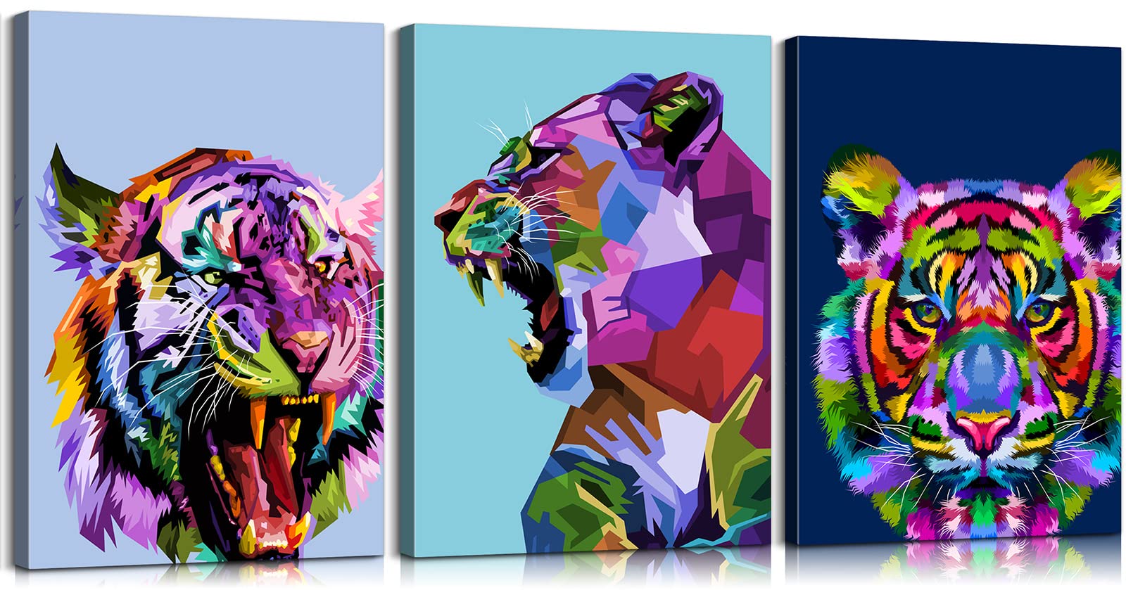 3 Piece Watercolor Pop Animal Wall Art - Tiger Print Poster Set, Colorful Tiger Decor for Bedroom, Living Room & Office - Ready to Hang (20