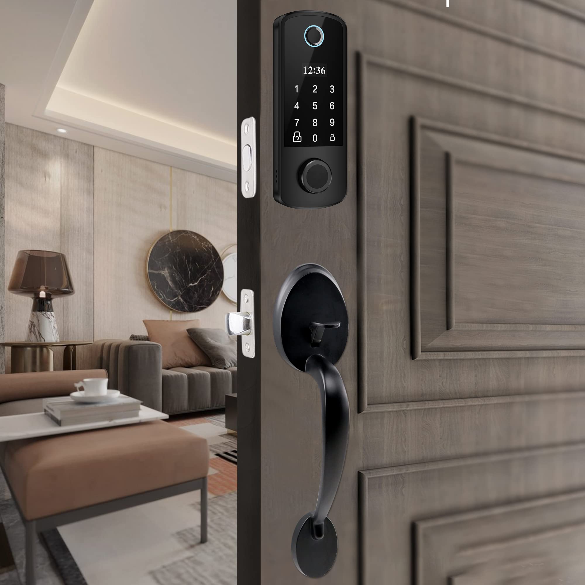 BEBASIA Smart Keyless Entry Door Lock - Electronic Keypad Deadbolt with Fingerprint & Handle Set for Front Door (Black) - Secure & Convenient Home Access for Apartments, Houses & Offices