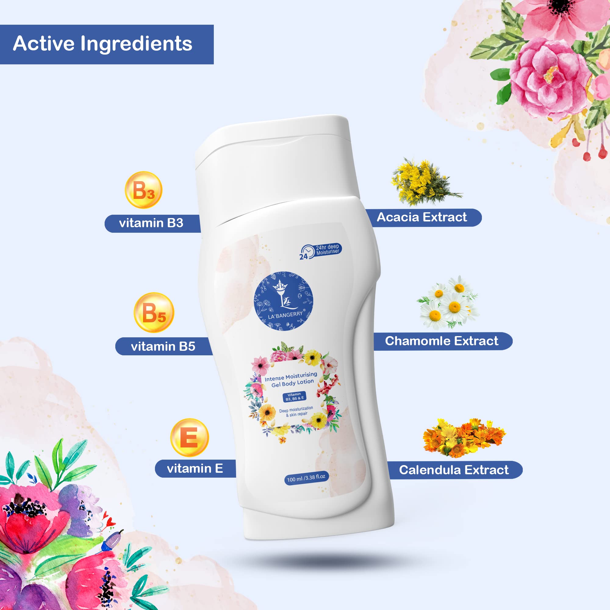 LA'BANGERRY Intense Moisturizing Gel Body Lotion - 48hr Hydration for Dry & Sensitive Skin | Vegan, Paraben-Free Plant Based Formula | 100ml Travel Size | Perfect for Daily Use, After Shower & Winter Care