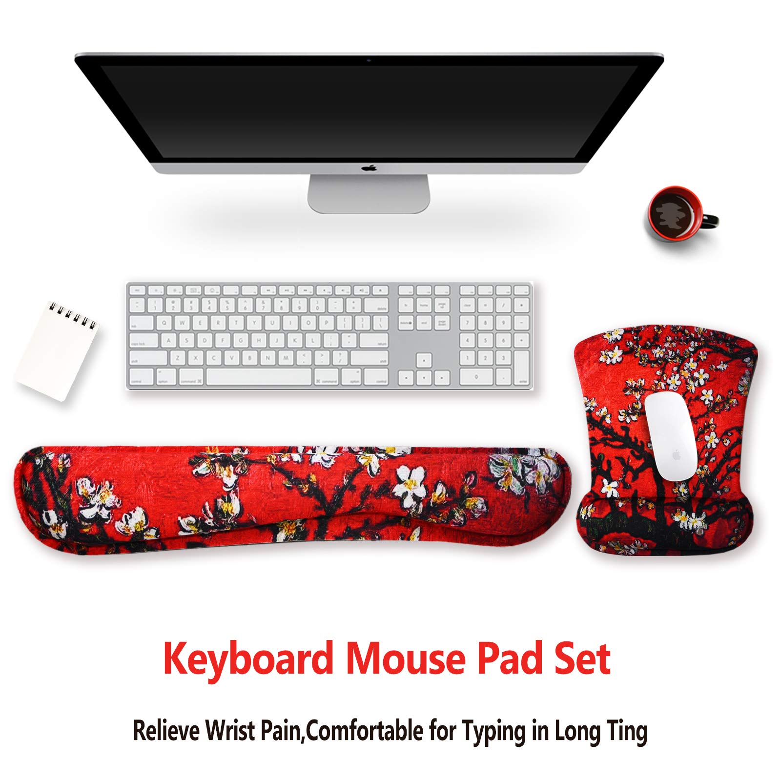 ArtSo Ergonomic Keyboard Wrist Rest & Mouse Pad Set with Memory Foam - Cherry Blossom Red - Pain Relief Wrist Support for Typing, Gaming & Office Work - Durable, Comfortable & Lightweight Computer Accessories