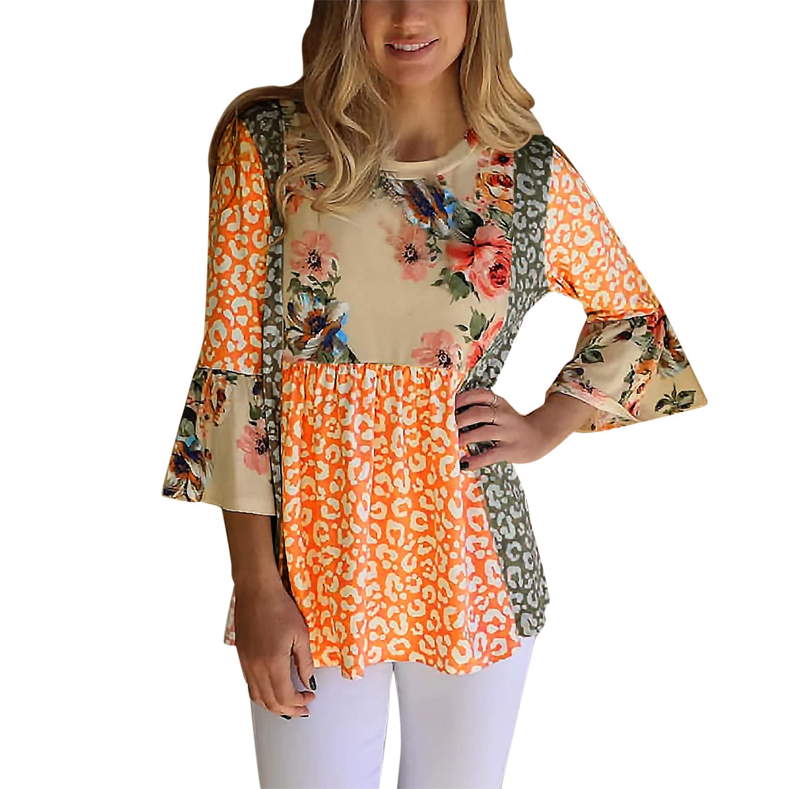 Women's Casual Leopard Print O-Neck 3/4 Sleeve T-Shirt Blouse - Stylish White Long Sleeve Top for Everyday Wear, Office & Date Night Outfits
