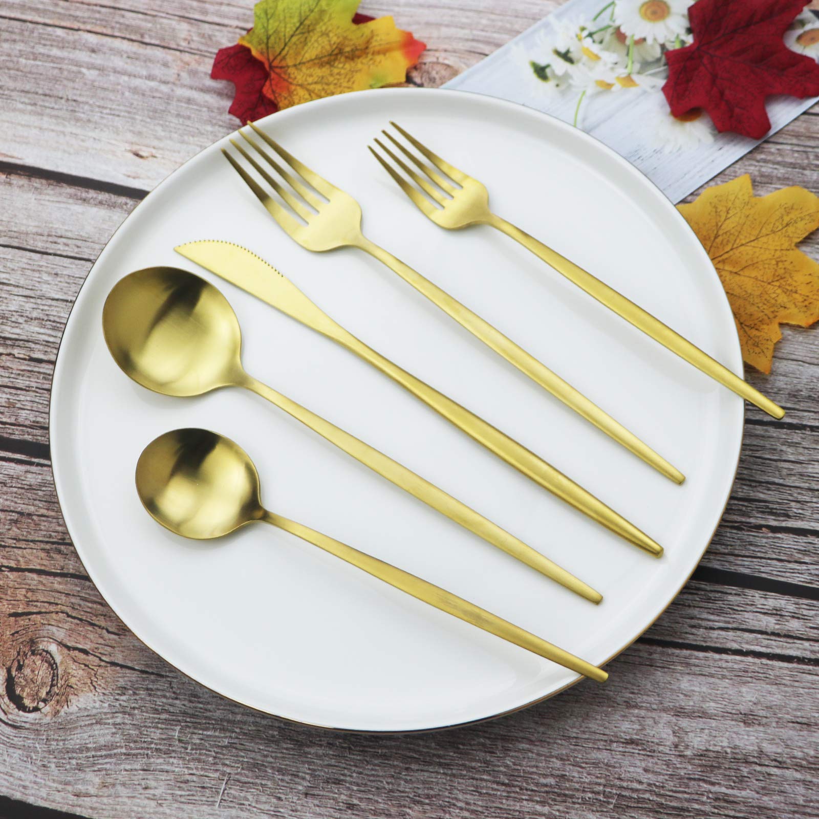 Premium 40-Piece JASHII Gold Silverware Set - 304 Stainless Steel Flatware Cutlery Set for 8 (Forks, Knives, Spoons) - Matte Finish & Satin Tableware - Dishwasher Safe for Home, Restaurant & Dinner Parties - Elegant Dining Set for Weddings, Holidays & Fine Dining Experiences
