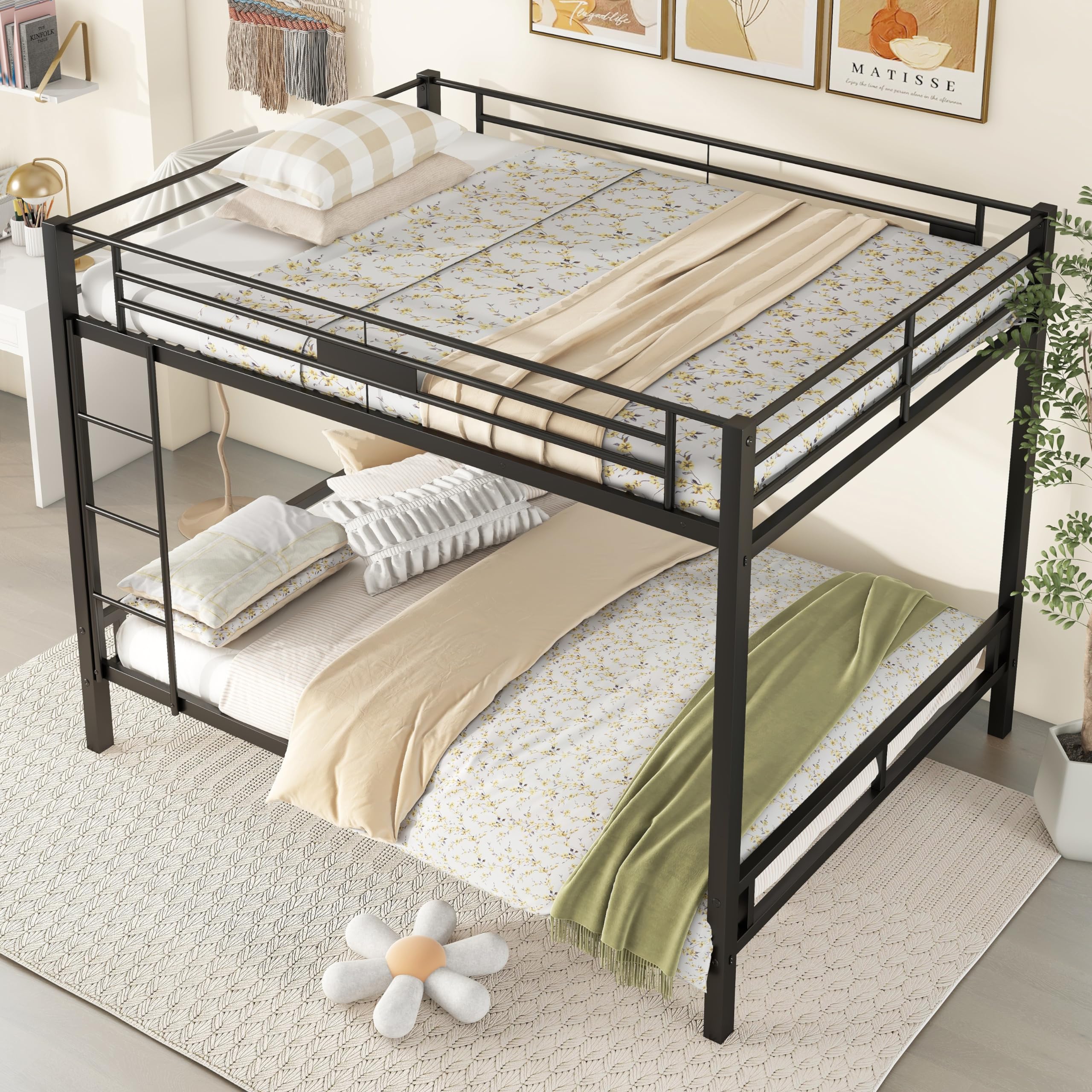 Harper & Bright Designs Queen Over Queen Bunk Beds for Adults - Heavy Duty Metal Bunk Bed Frame with Ladder for Boys, Girls & Teens - Space Saving Queen Size Bunk Bed in Sandy Black - Perfect for Small Bedrooms, Dorms & Guest Rooms