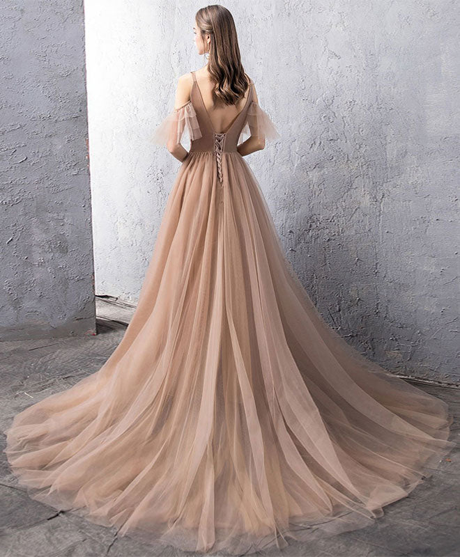 Elegant Champagne Tulle Lace Long Prom Dress & Evening Gown - Perfect for Homecoming, Formal Dances, Weddings, and Special Occasions