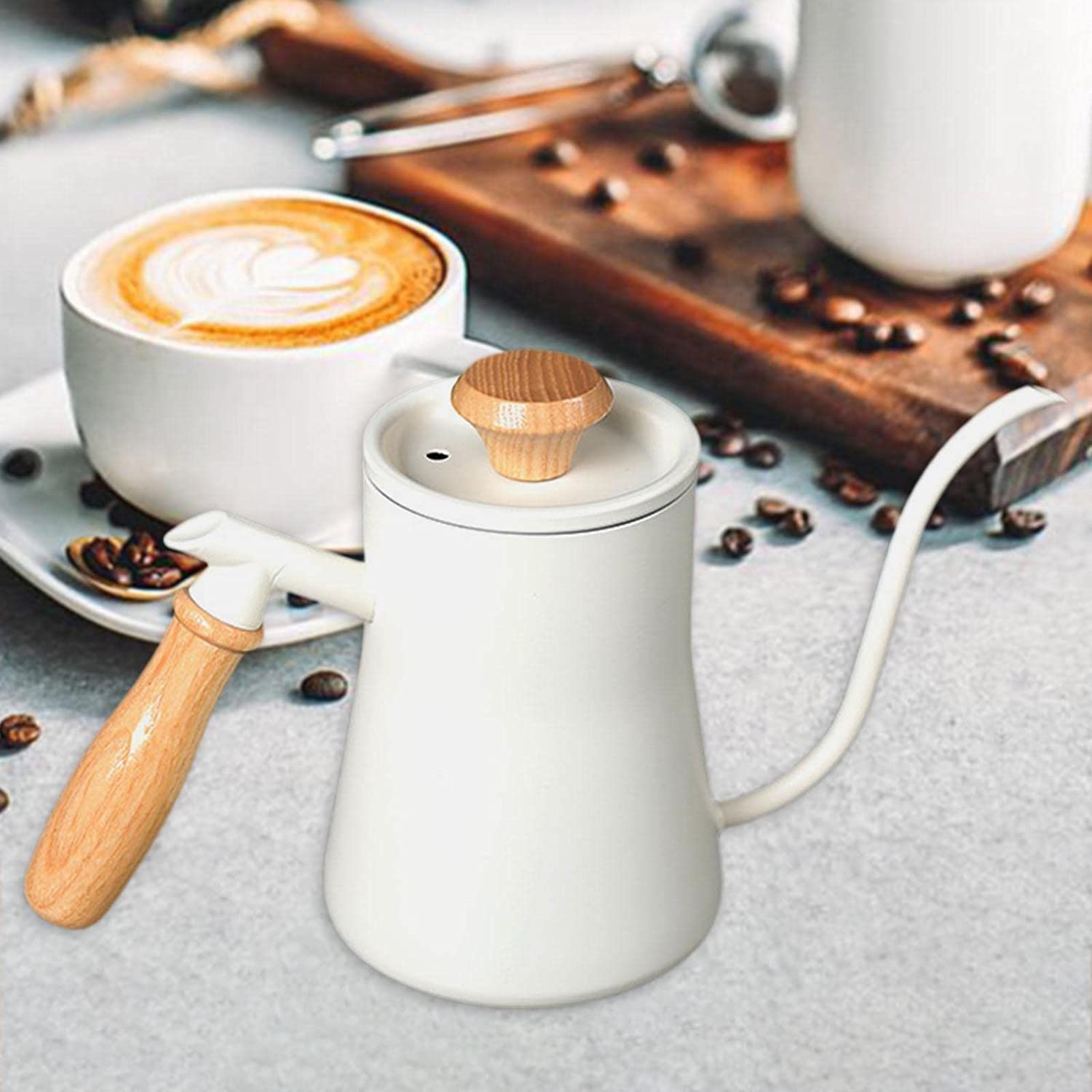 Premium Stainless Steel Gooseneck Tea Kettle with Wooden Handle - Long Spout Drip Kettle for Espresso, Moka & Pour Over Coffee - Perfect for Office, Home & Stovetop Use (White)