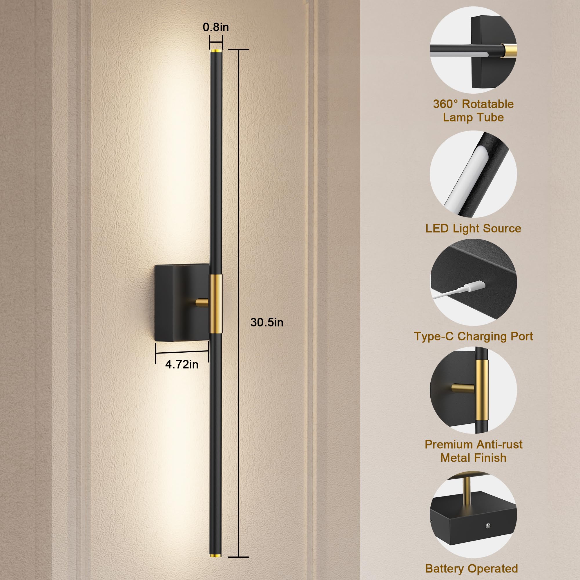 31.5 Inch USB Rechargeable Wall Sconce Set of 2 - 8000mAh Battery Operated LED Wall Lights with Remote Control, 360° Rotatable & Dimmable (3000K-6000K) - Perfect for Living Room, Bedroom, Hallway Lighting (2 Pack)