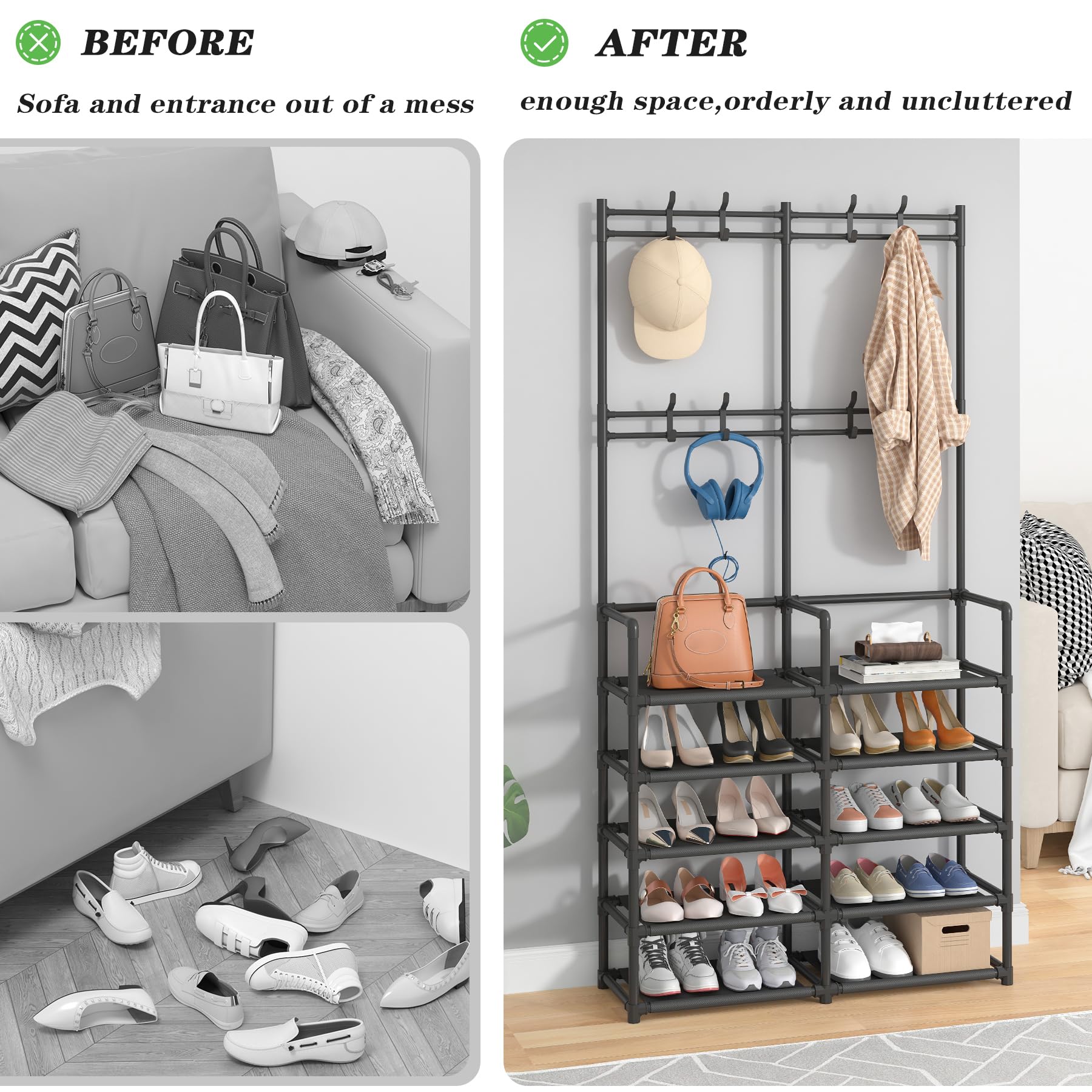 Laiensia 5-Tier Entryway Coat Rack with Shoe Storage & 8 Hooks - Space Saving Hallway Organizer Bench for Jackets, Bags, Shoes - Perfect for Bedroom, Office, Living Room & Small Apartment Entryway Organization