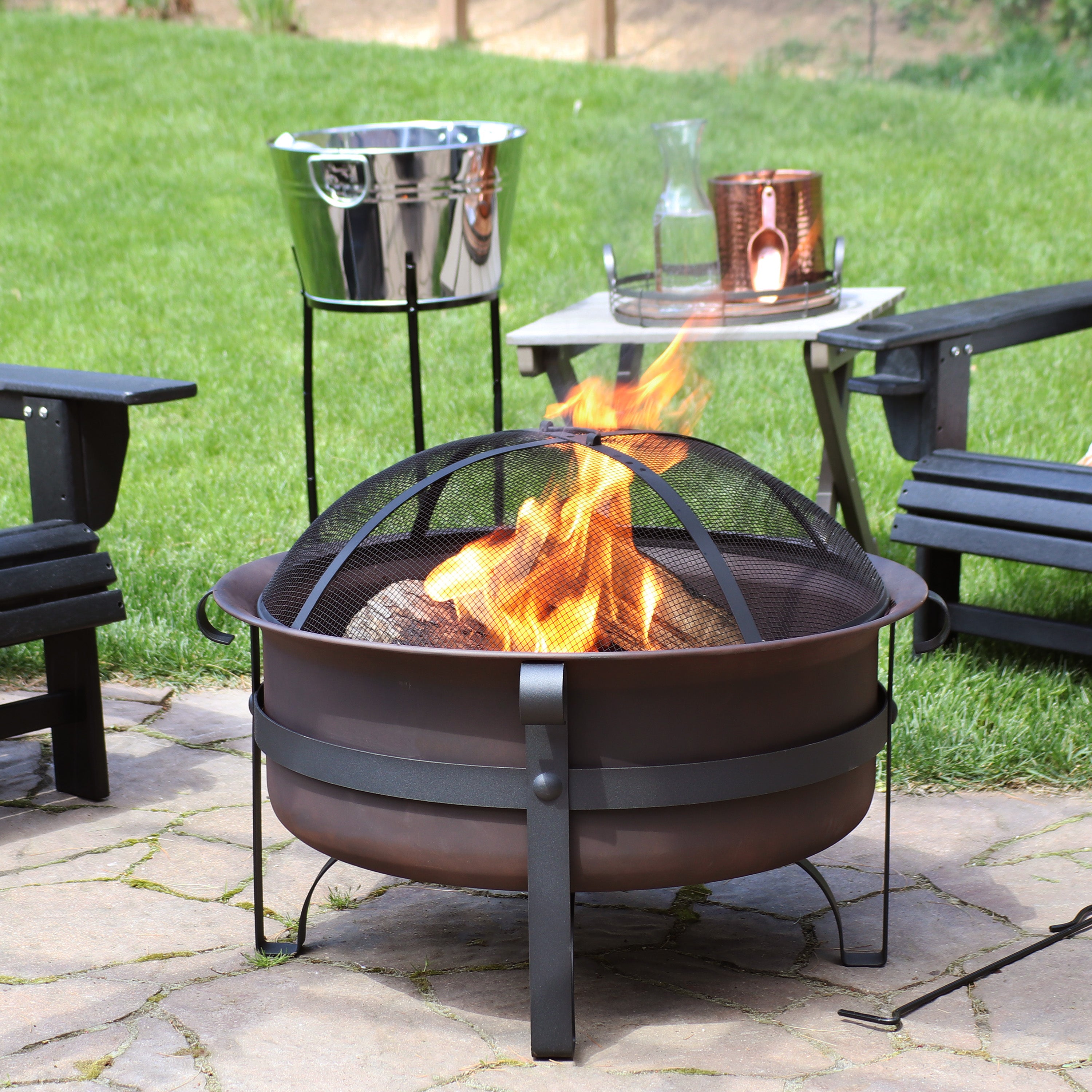 Sunnydaze 29 Inch Outdoor Wood Burning Fire Pit with Spark Screen - Perfect for Backyard Campfires, Patio Gatherings & Fall Evenings