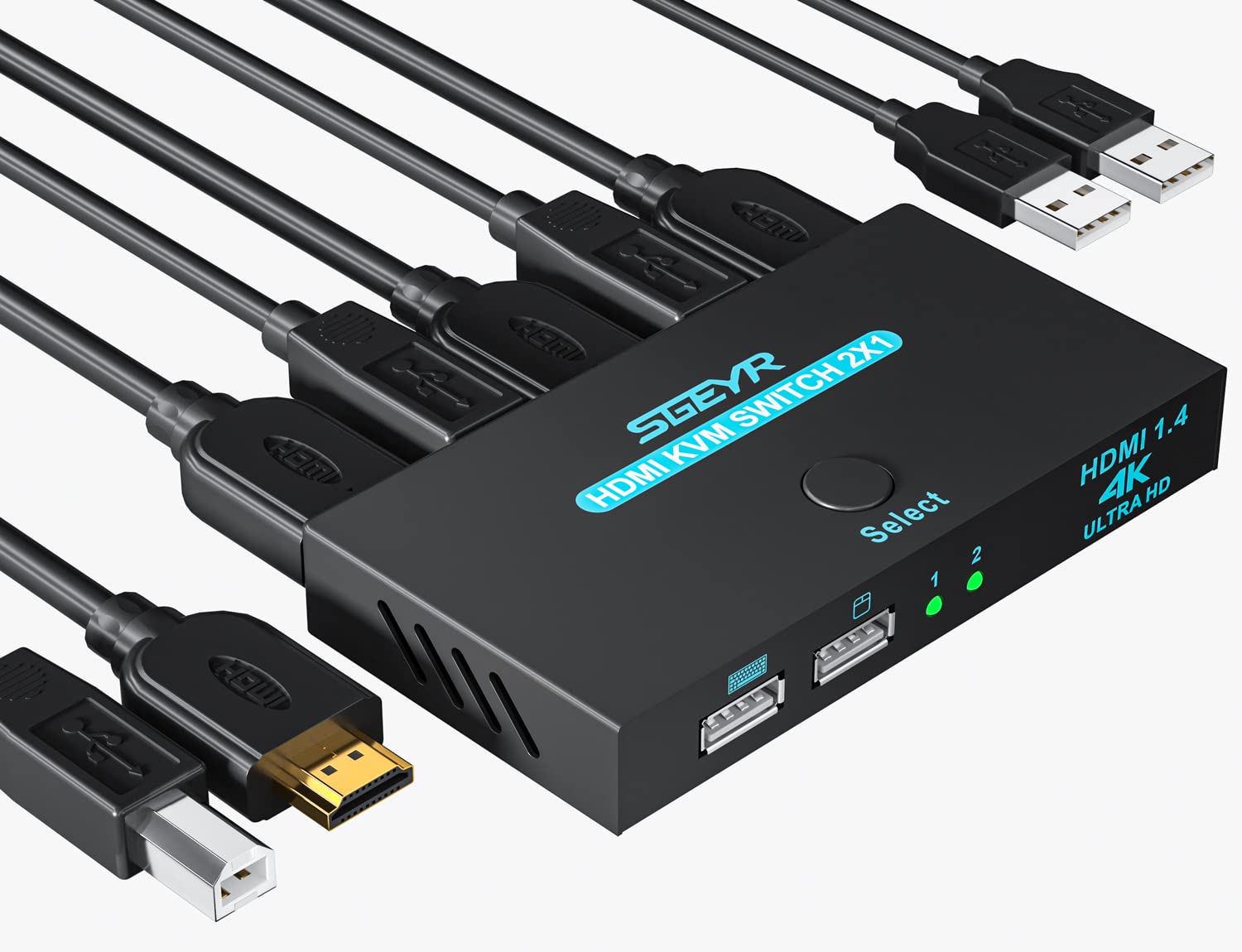 Best KVM Switch HDMI 2 Port - SGEYR USB KVM Switch for 2 Computers Sharing Monitor, Mouse & Keyboard, 4K@30Hz Support - Includes 1 HDMI & 2 USB Cables - Perfect for Home Office, Gaming & Multi-PC Workstations