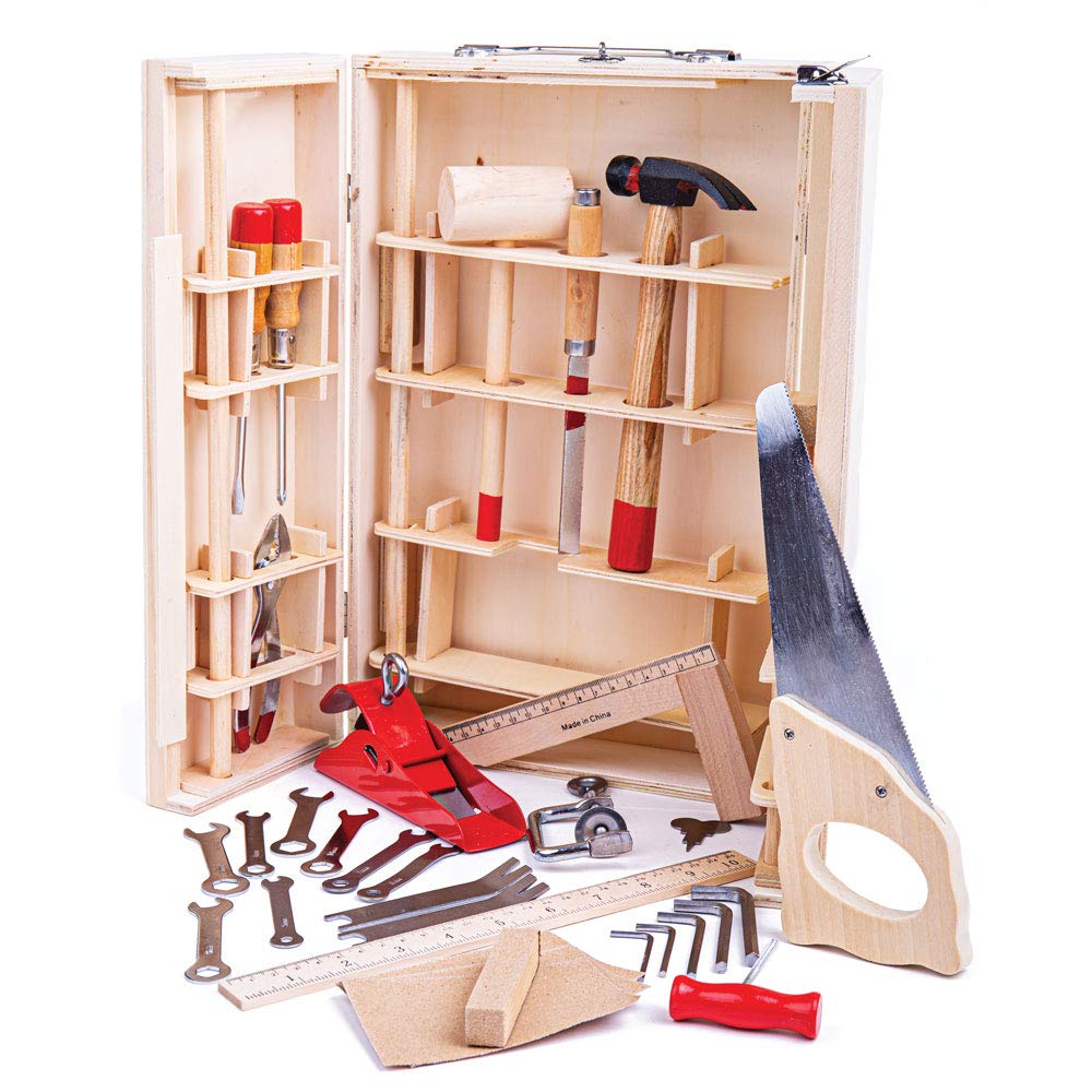Bigjigs Toys Wooden Kids Tool Box Set - Pretend Play Construction Tools for Toddlers & Preschoolers - Perfect for Imaginative Play & Early Learning Development