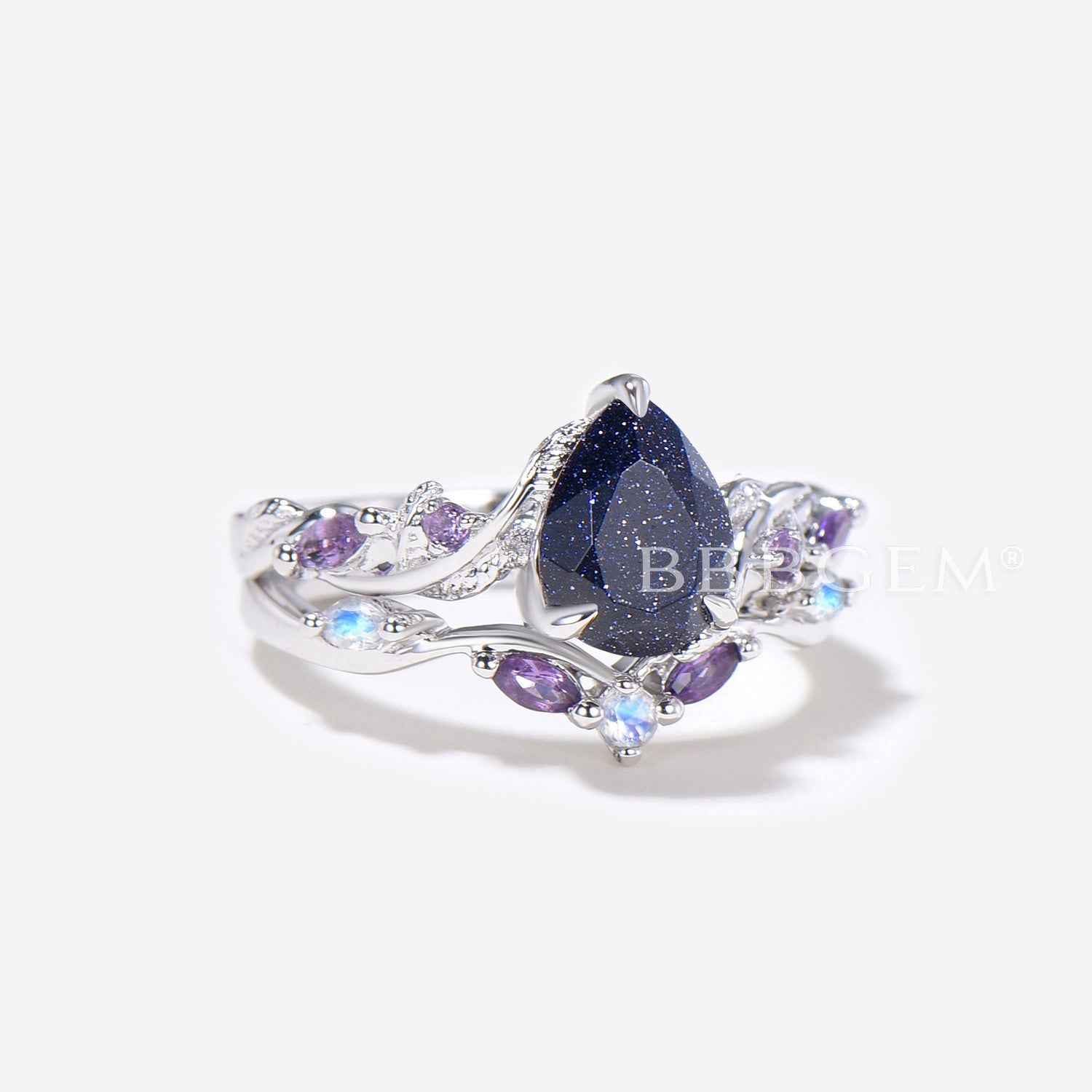 Blue Sandstone Pear Shaped Engagement Ring with Leaf Branch Design - Perfect for Weddings, Proposals & Anniversary Gifts