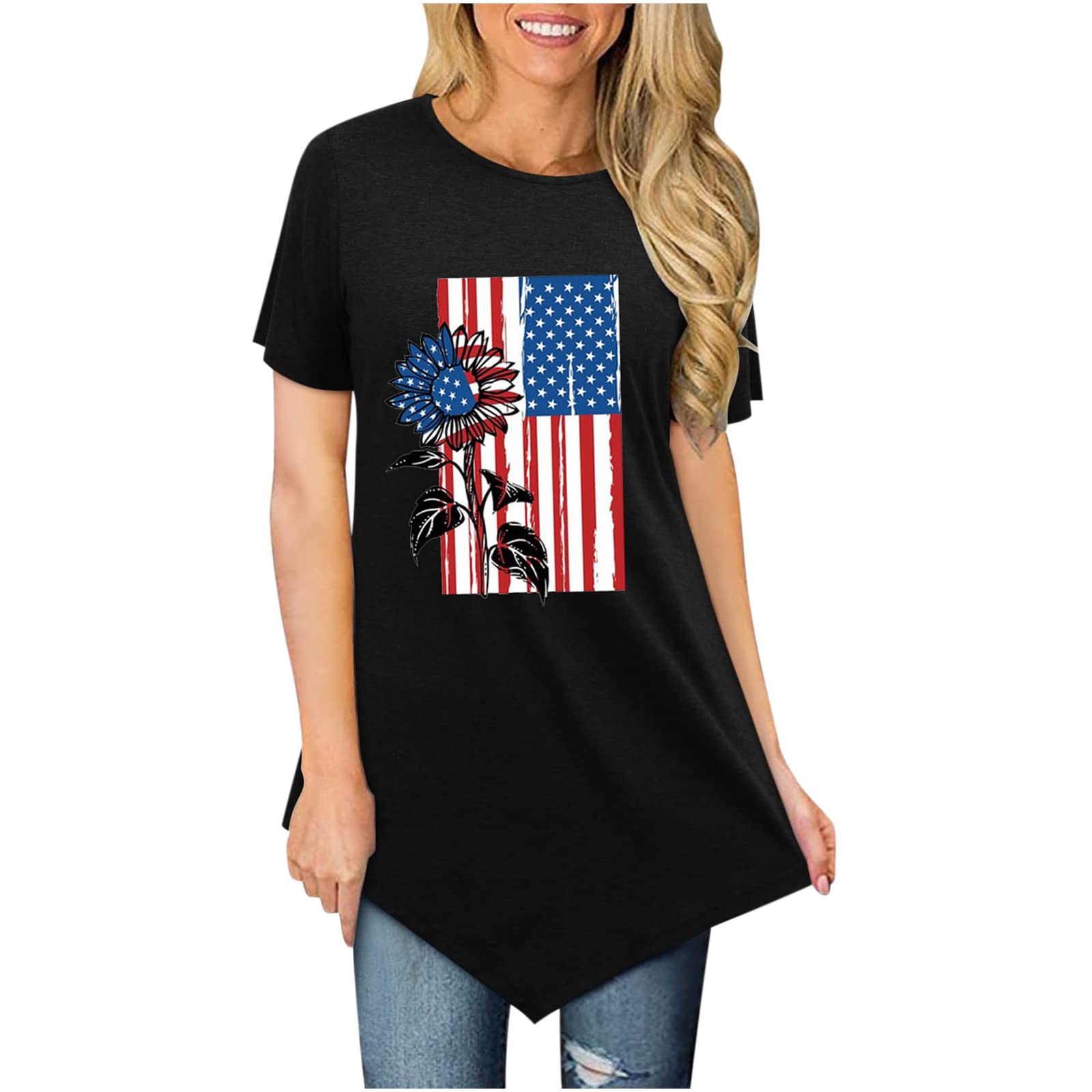 Women's American Flag Sunflower Graphic 4th of July T-Shirt - Casual Crewneck Blouse for Summer, Plus Size Tops - Perfect for Independence Day Celebrations, Beach Outings & Patriotic Events