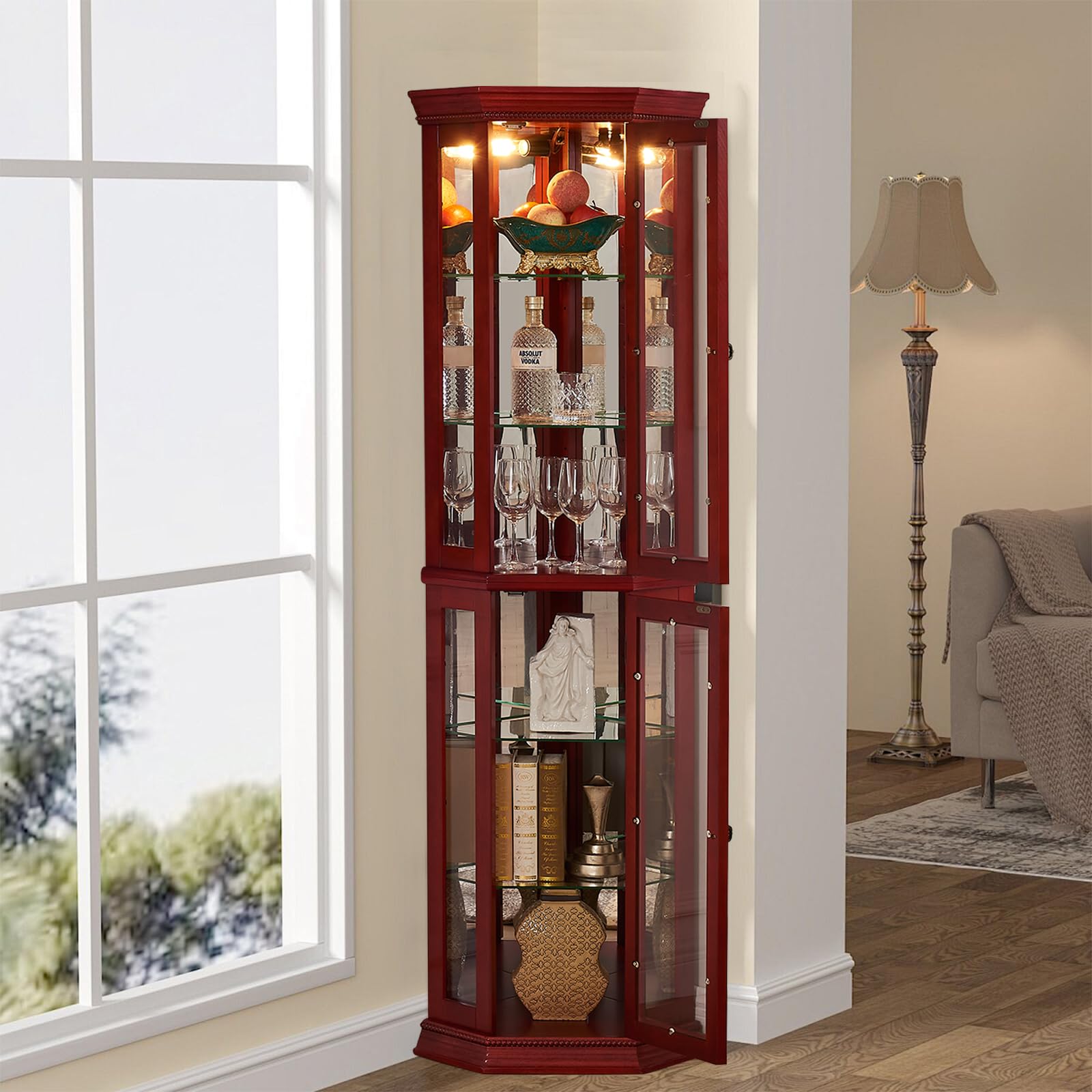 Lighted Wooden Corner Display Curio Cabinet - 2-Section Shelving Unit with Tempered Glass Door & 6 Adjustable Shelves for Bar, Liquor Storage & Home Decor - Cherry Finish Lorona Cabinet | Perfect for Living Room, Dining Room or Home Bar Display