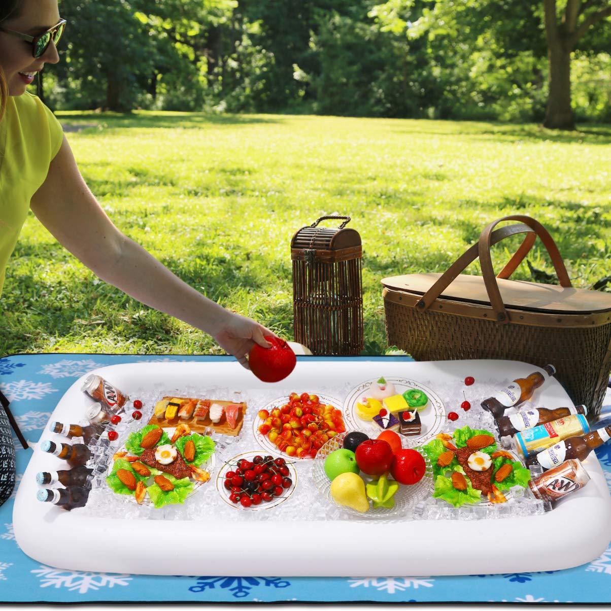 Hemoton 3-Piece Inflatable Ice Serving Tray Set - Waterproof Salad Food & Drink Cooler with Drain Plug - Perfect for Picnic, Camping, Beach, BBQ, Pool Party (White)