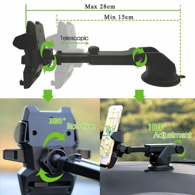 360° Universal Suction Cup Car Phone Holder - Windshield & Dashboard Mount for iPhone, Android Smartphones - Perfect for GPS Navigation, Hands-Free Driving & Road Trips